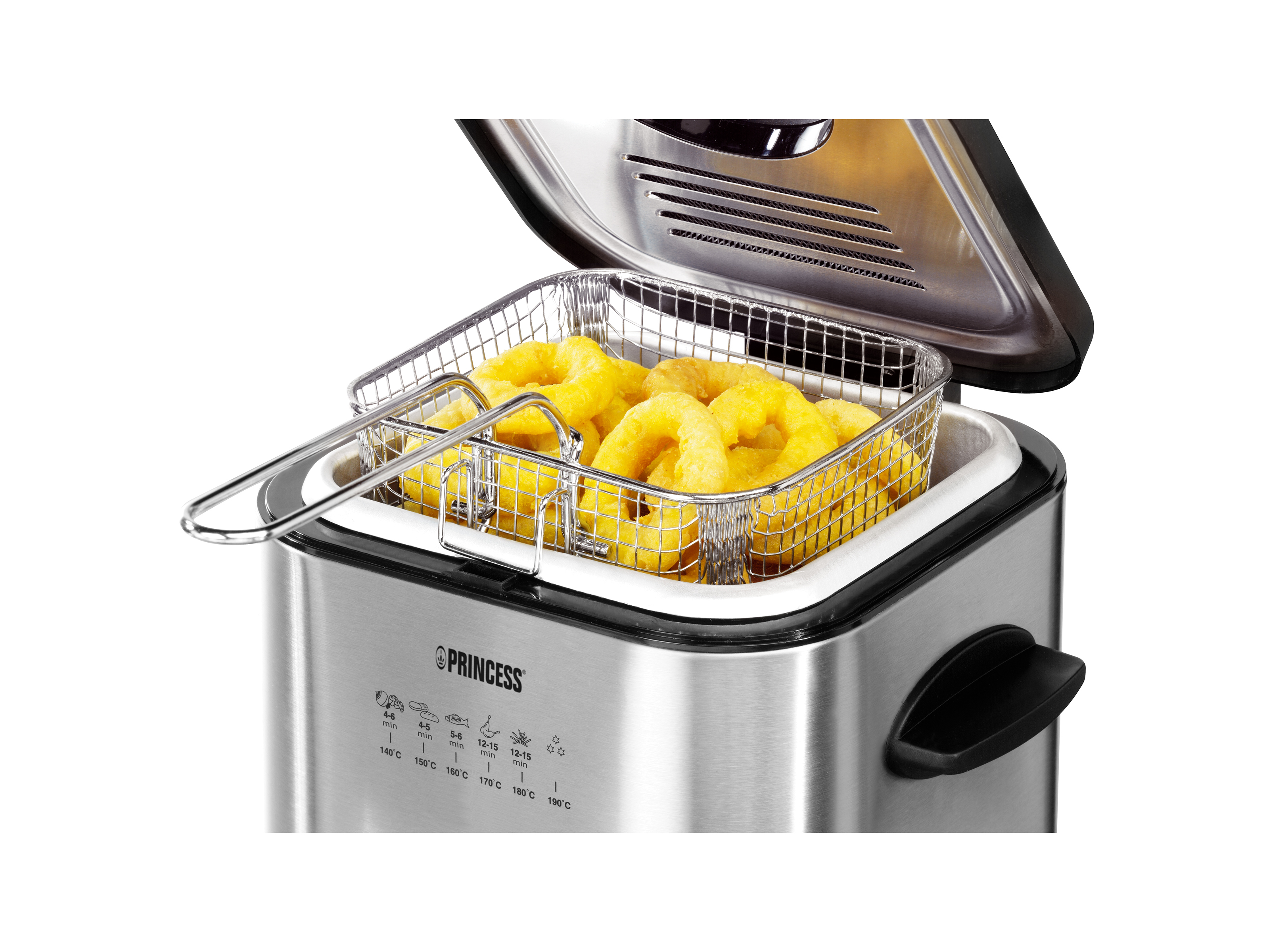 Srebrna frytownica z koszem smażonych krążków cebulowych.