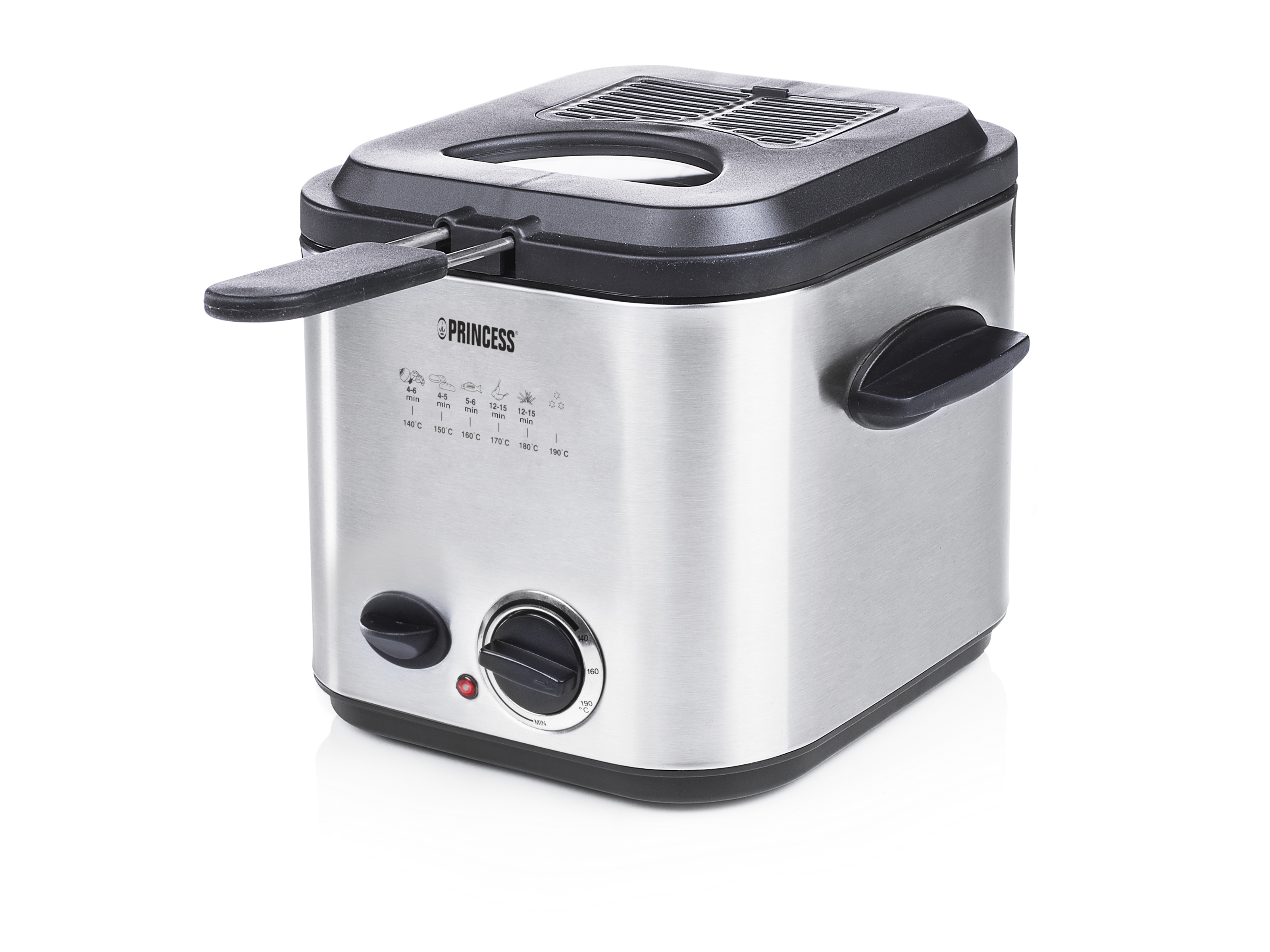 Frytownica Princess ze stali nierdzewnej, z czarną pokrywą i uchwytem, na białym tle.