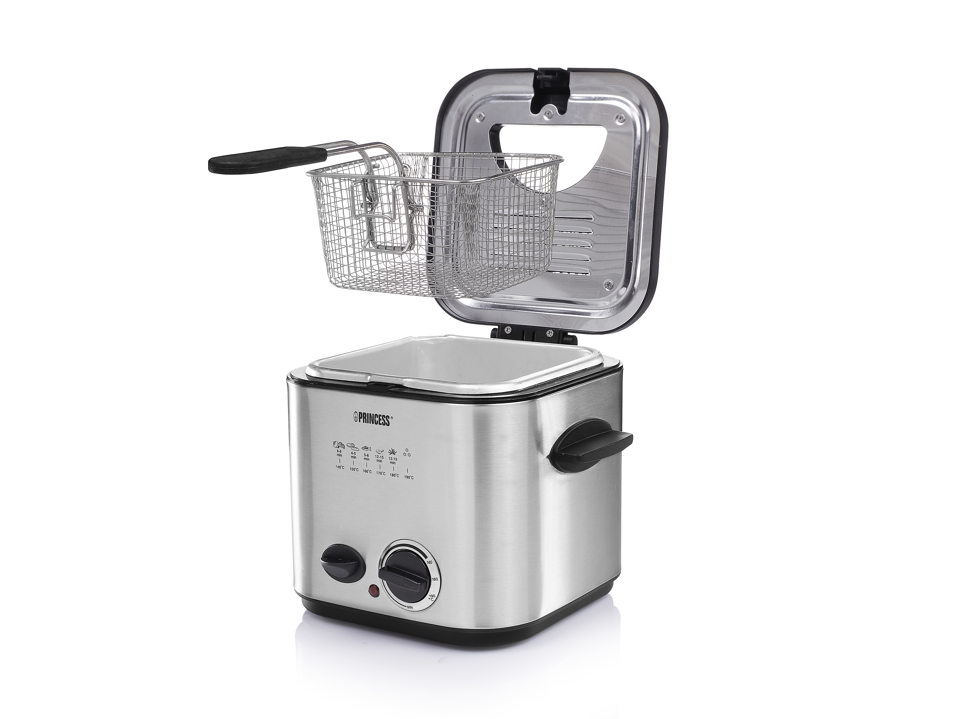 Srebrna frytownica Princess, otwarta, z koszem w środku, na białym tle.