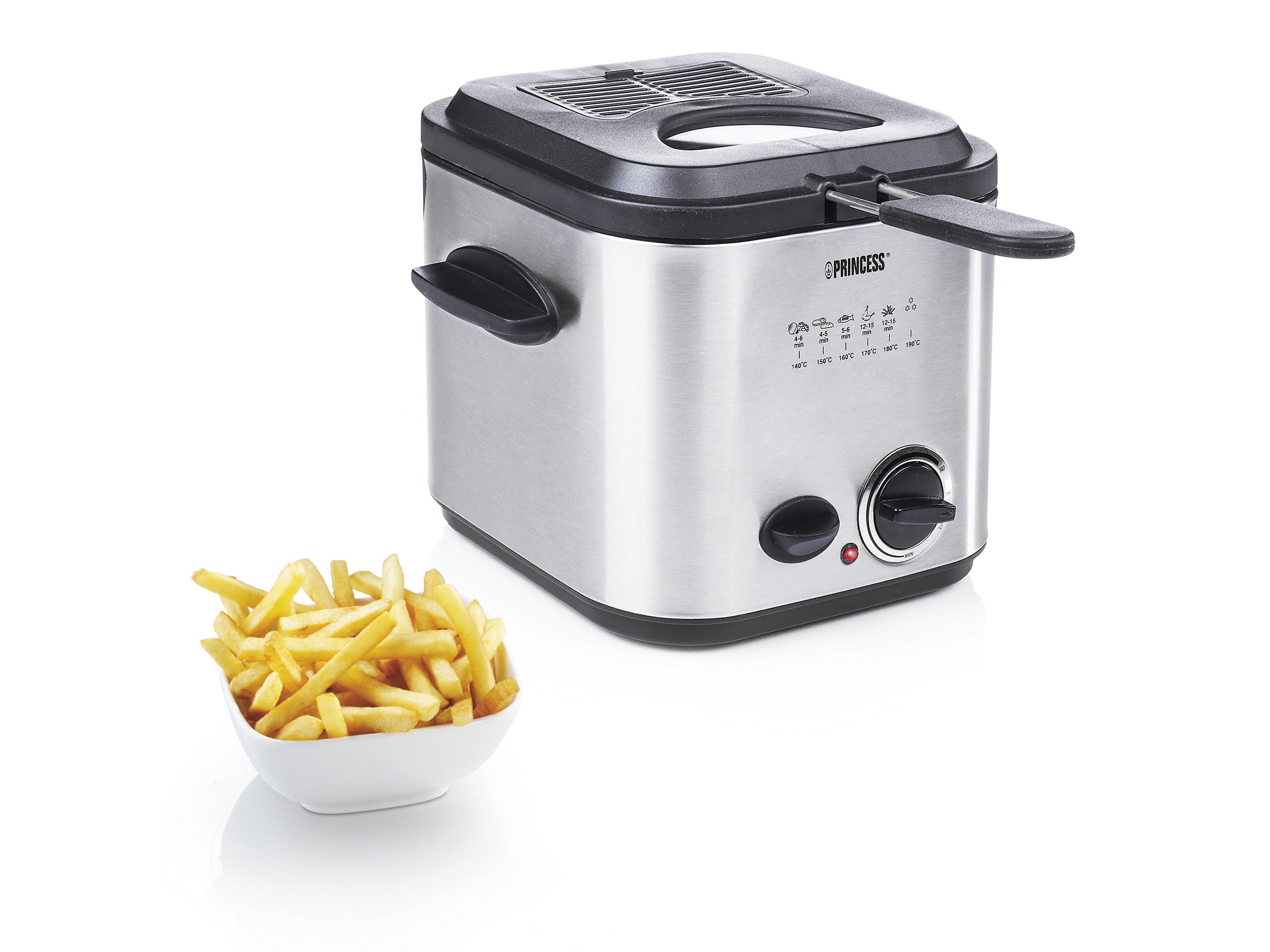 Frytownica Princess ze stali nierdzewnej z frytkami w białej misce, na białym tle.