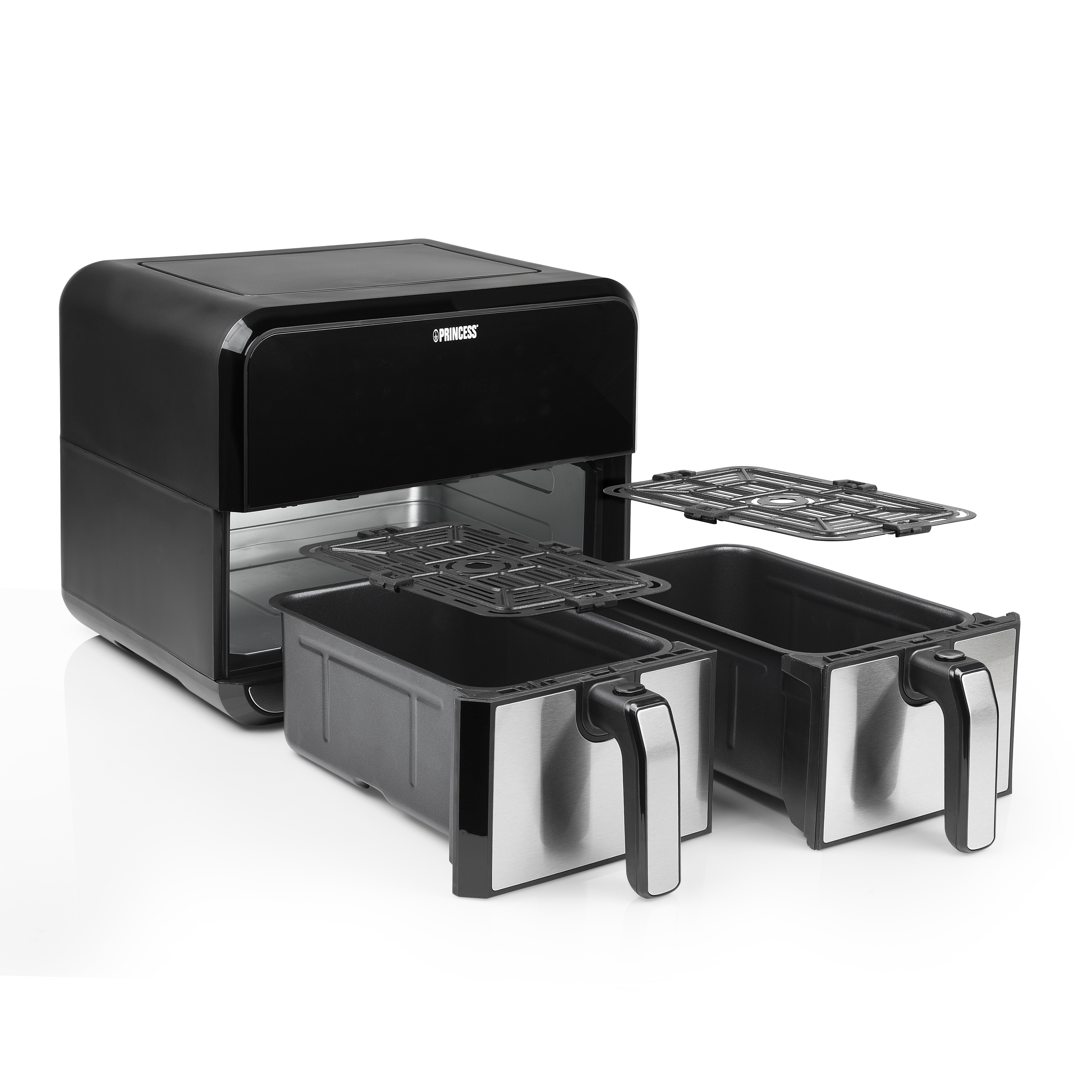 Czarna frytkownica powietrzna z dwiema wyjmowanymi tacami i otwartą pokrywą.