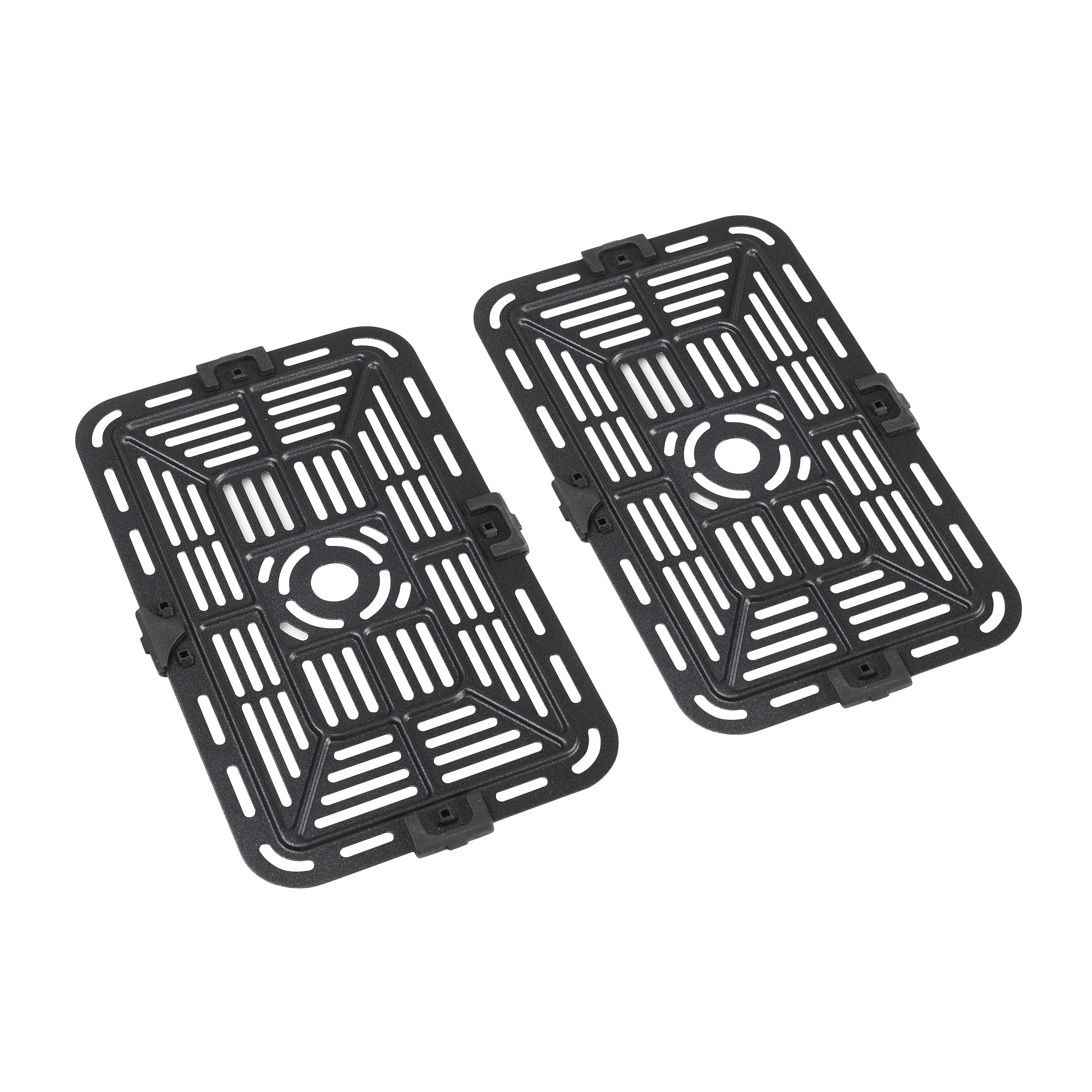 Dwie czarne, prostokątne tace do frytkownicy powietrznej, z perforowanymi wzorami.