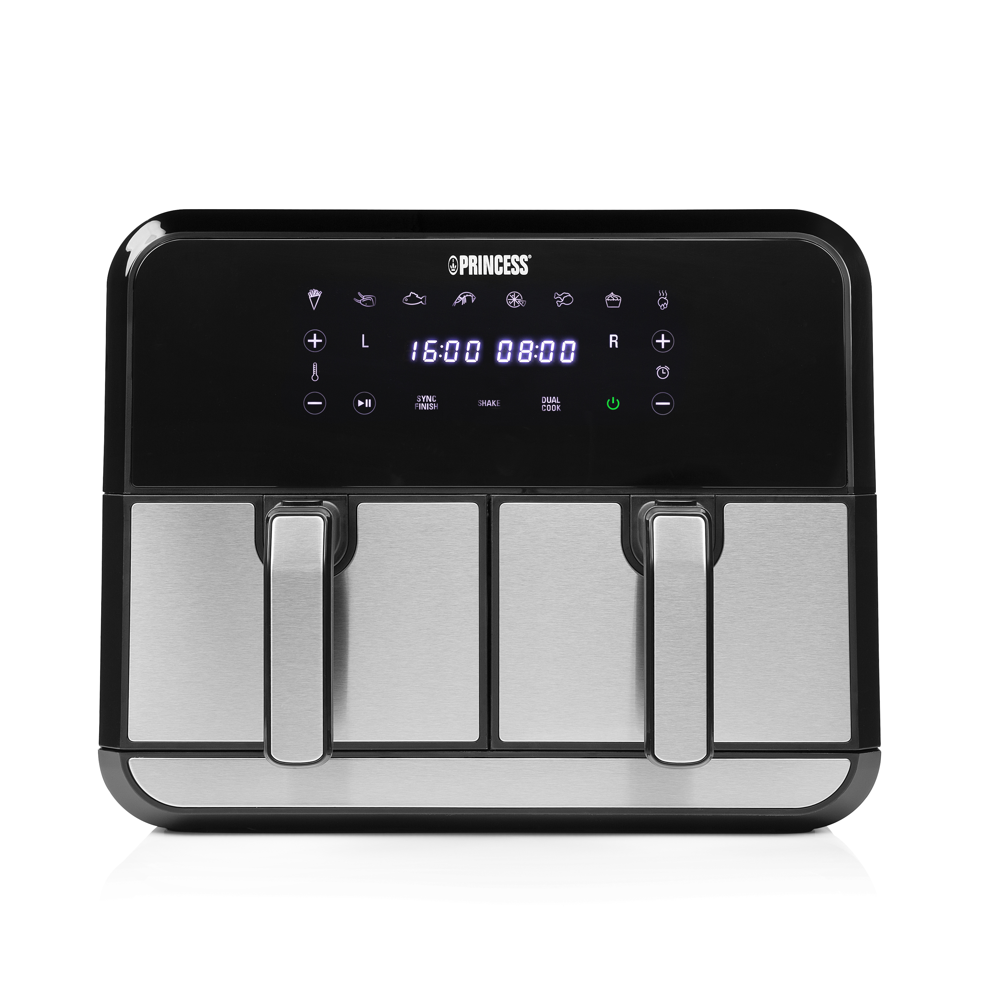 Czarna i srebrna frytkownica powietrzna z wyświetlaczem cyfrowym i przyciskami.