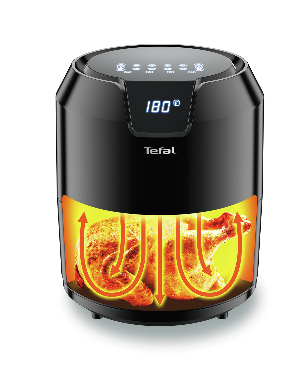 Czarna frytkownica Tefal z kurczakiem w środku, strzałki wskazują przepływ powietrza, 180 stopni. Białe tło.