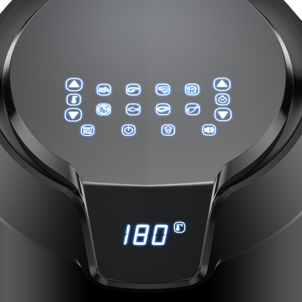 Czarny panel sterowania frytkownicy powietrznej z wyświetlaczem cyfrowym, pokazujący temperaturę i opcje gotowania.