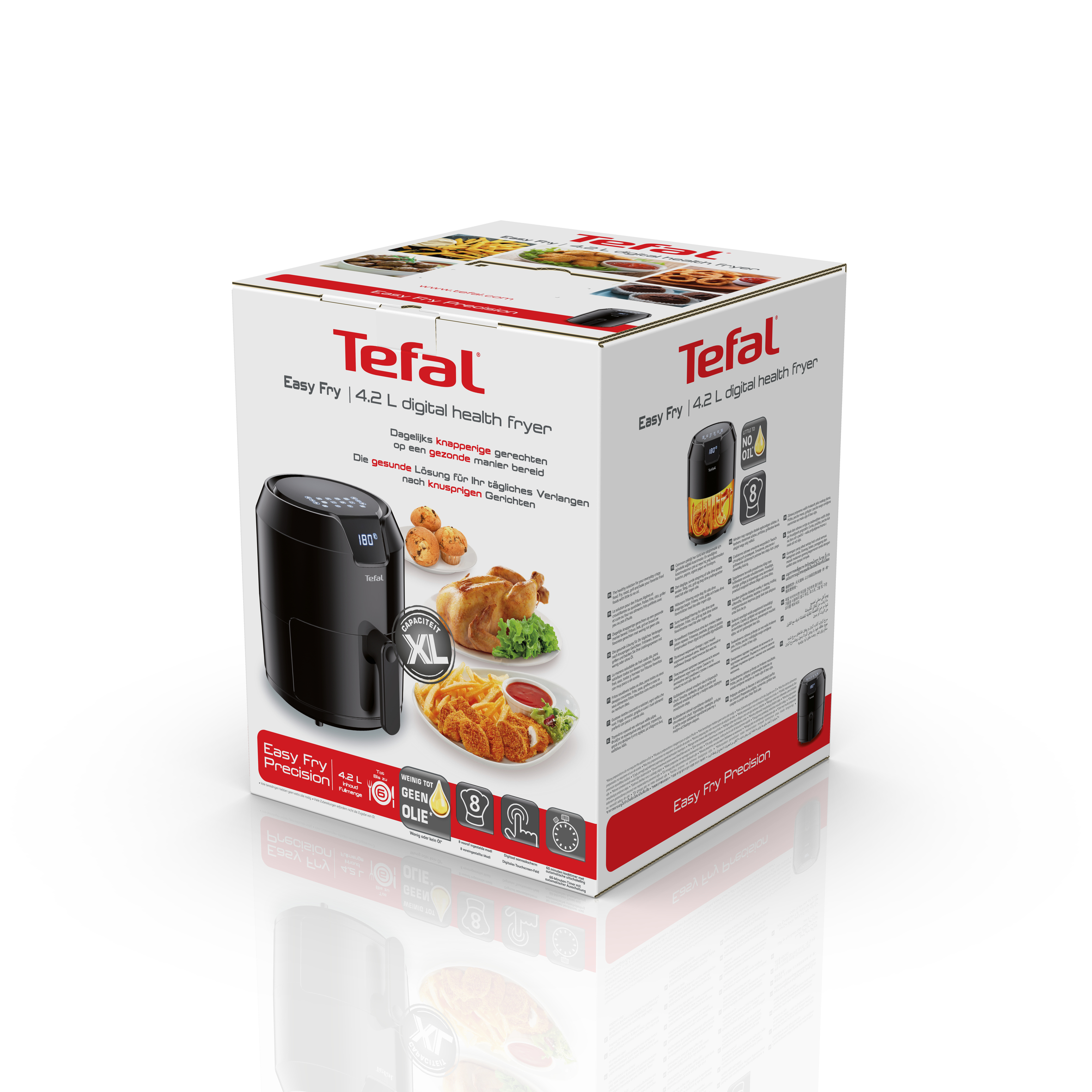 Pudełko frytkownicy beztłuszczowej Tefal Easy Fry 4.2L. Czarna frytkownica na pudełku ze zdjęciami potraw.