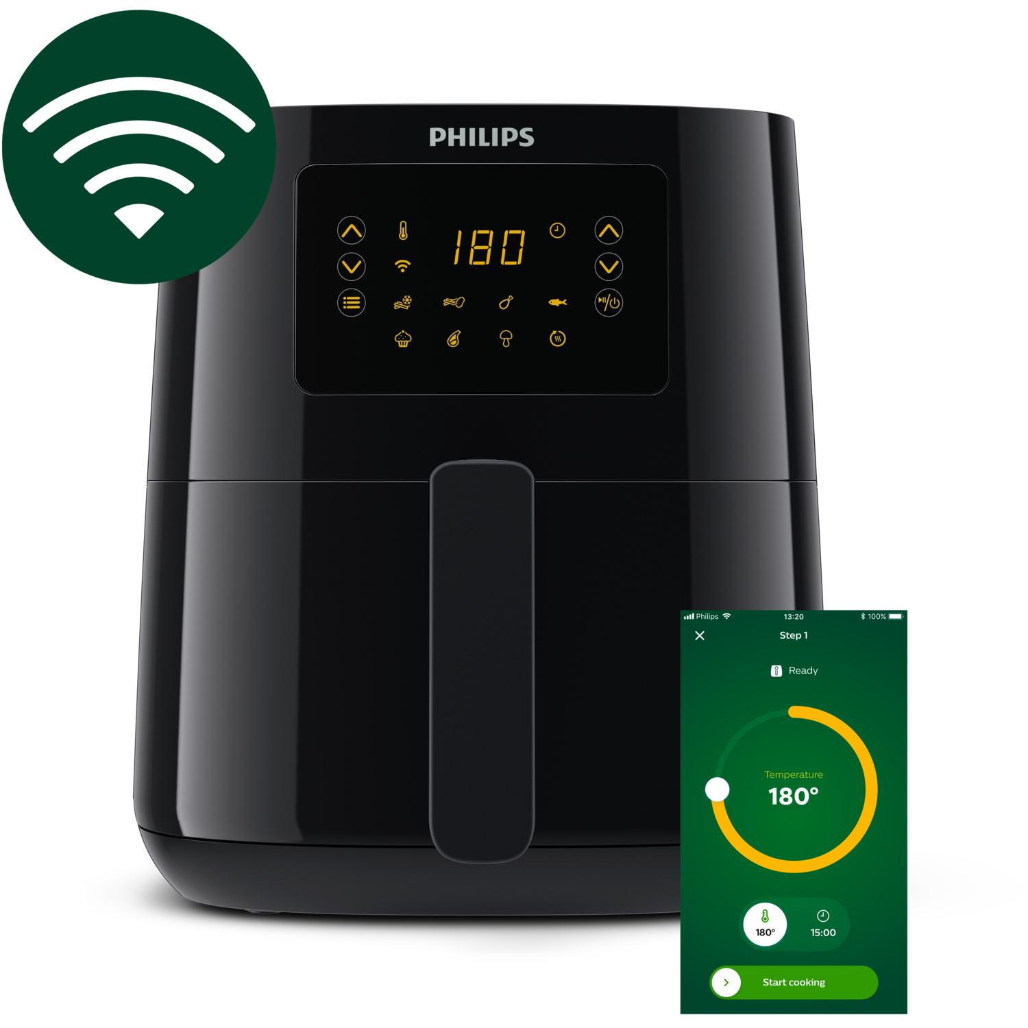 Freidora de aire negra con teléfono mostrando la app. Muestra 180 grados y señal Wi-Fi.