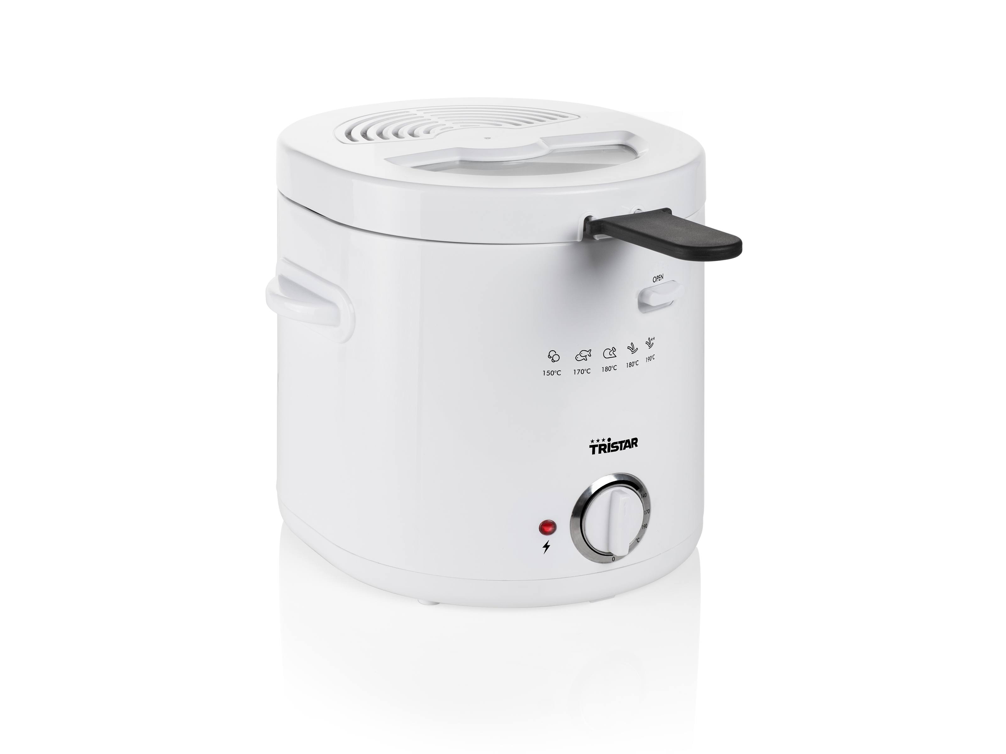 Biała frytkownica Tristar z ustawieniami temperatury i uchwytem.