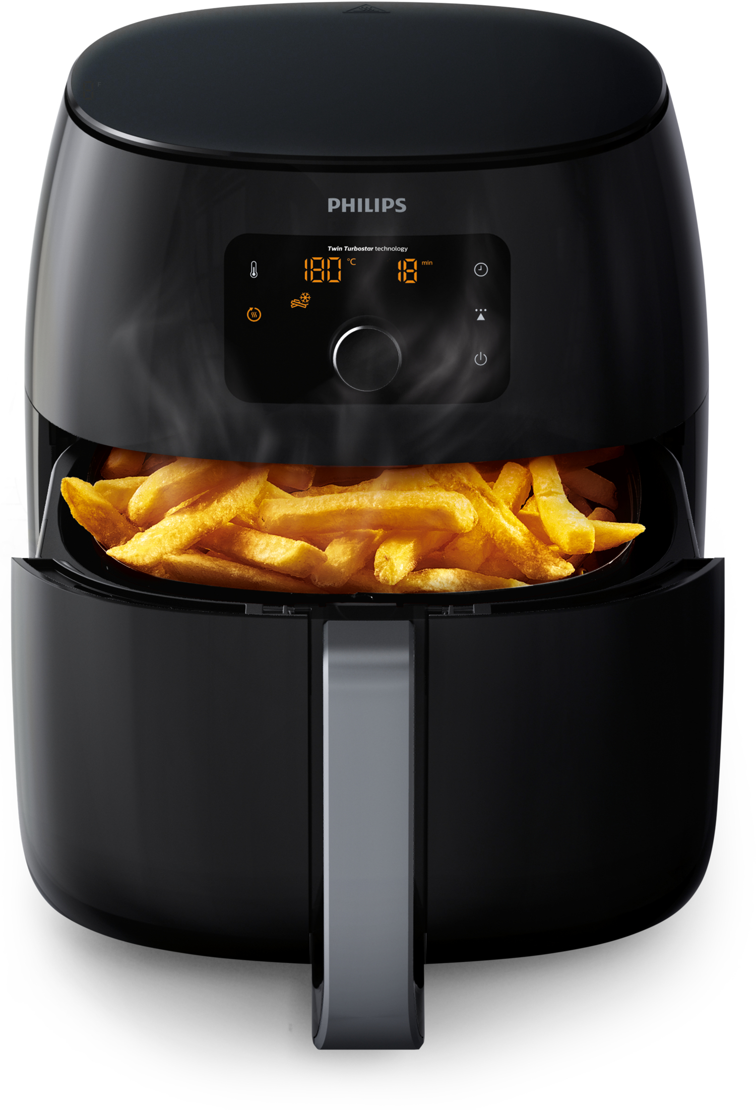 Siyah Philips airfryer, patates kızartması ile. Ekran ayarları gösterir. Buhar yükselir.