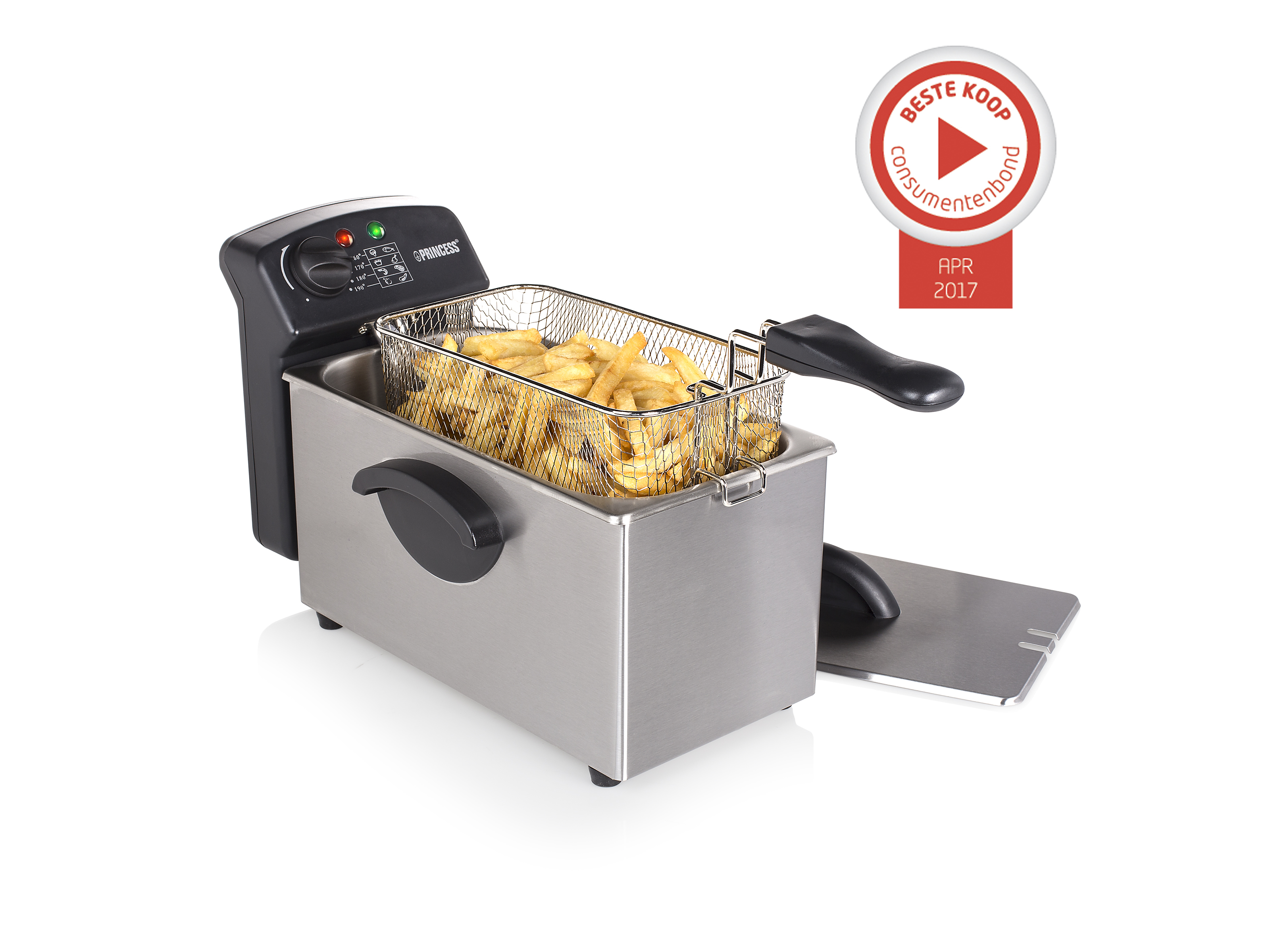 Friggitrice in acciaio inox con cestello di patatine fritte e coperchio aperto. Sfondo bianco.