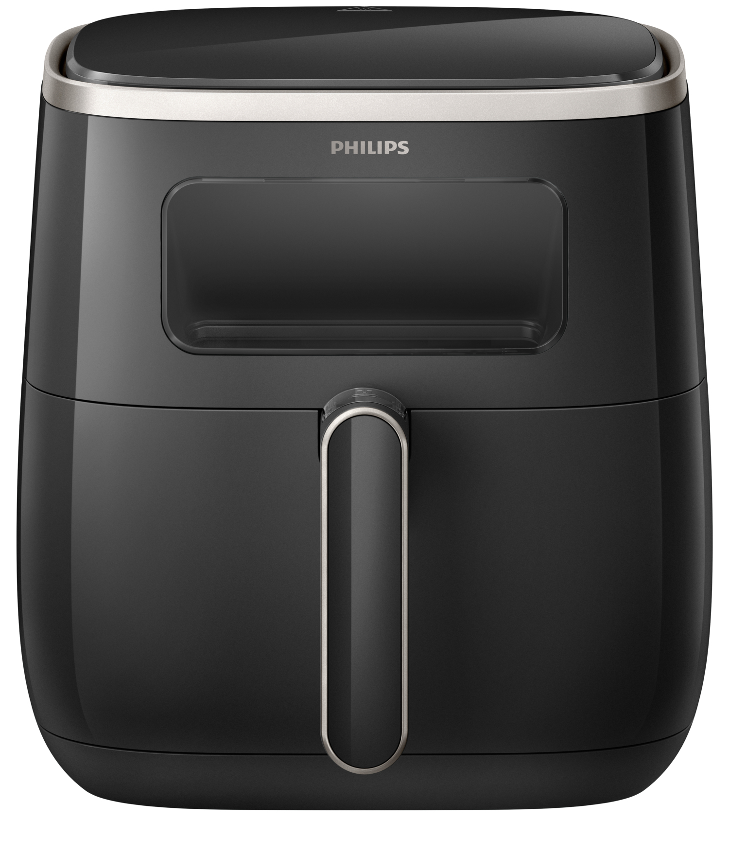 Schwarze Philips Heißluftfritteuse mit Griff. Der Hintergrund ist weiß.