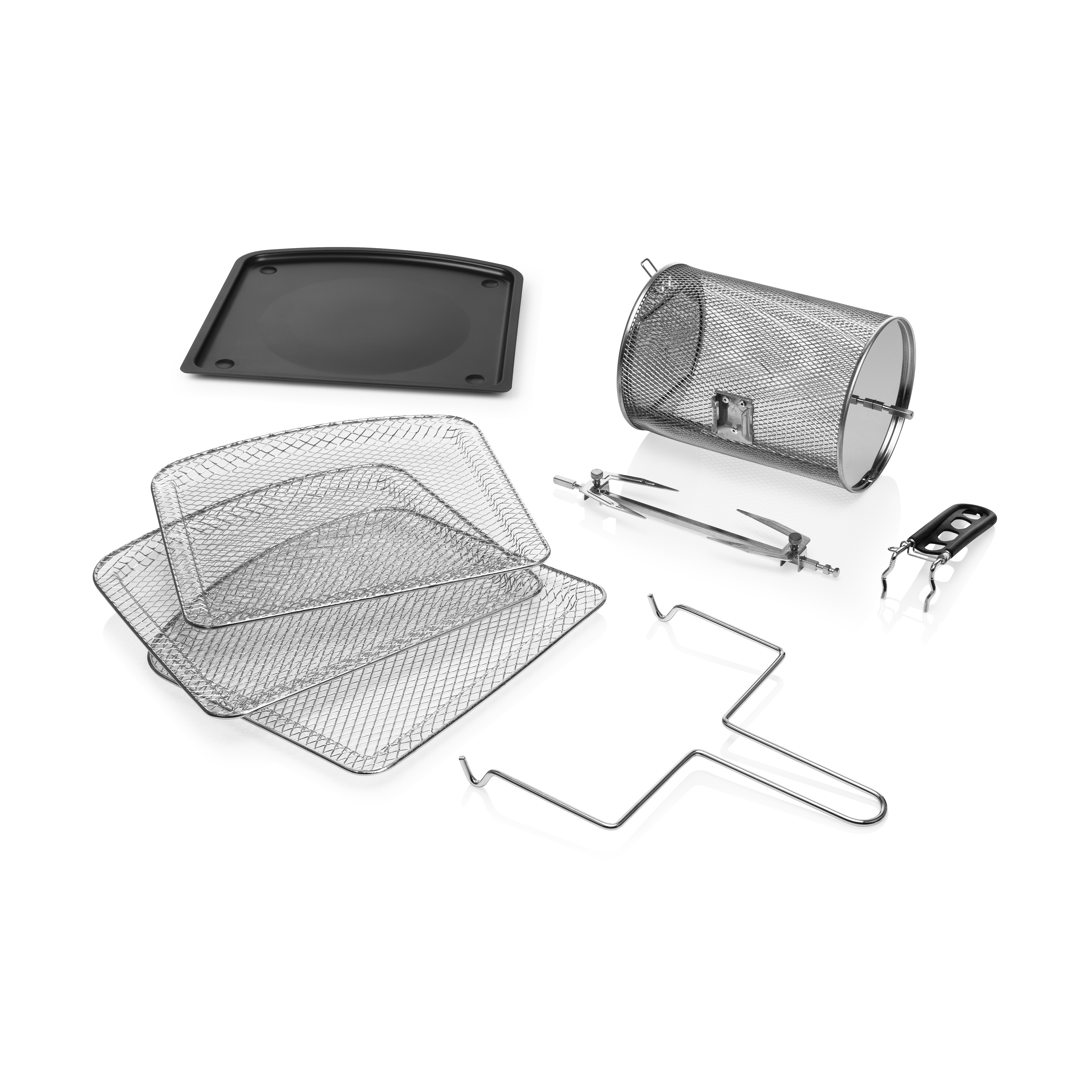 Akcesoria do urządzeń kuchennych, w tym tace, ruszty i zestaw do rotacji na białej powierzchni.