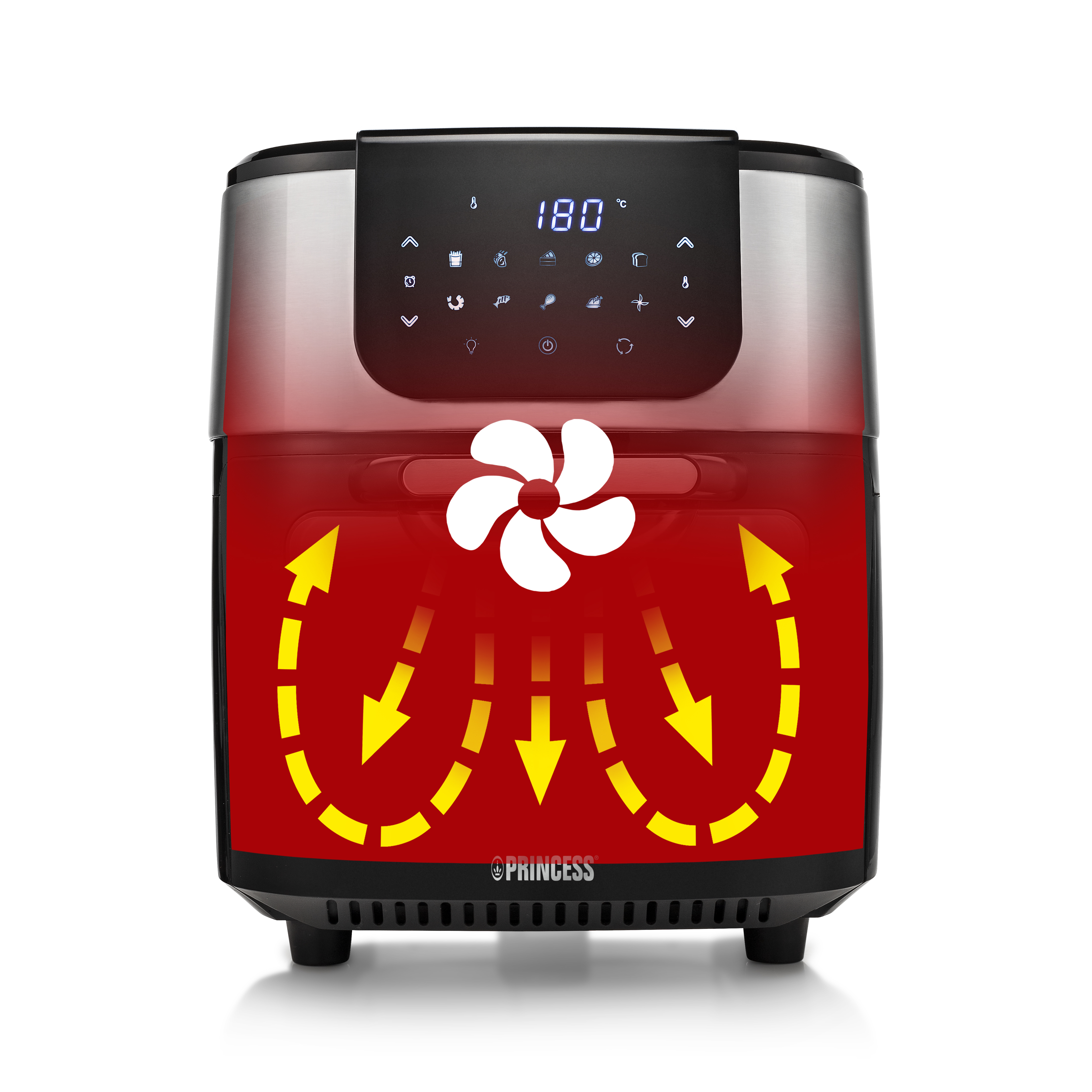 Frytownica z czerwonym wnętrzem i grafiką wentylatora. Wyświetlacz 180 stopni.