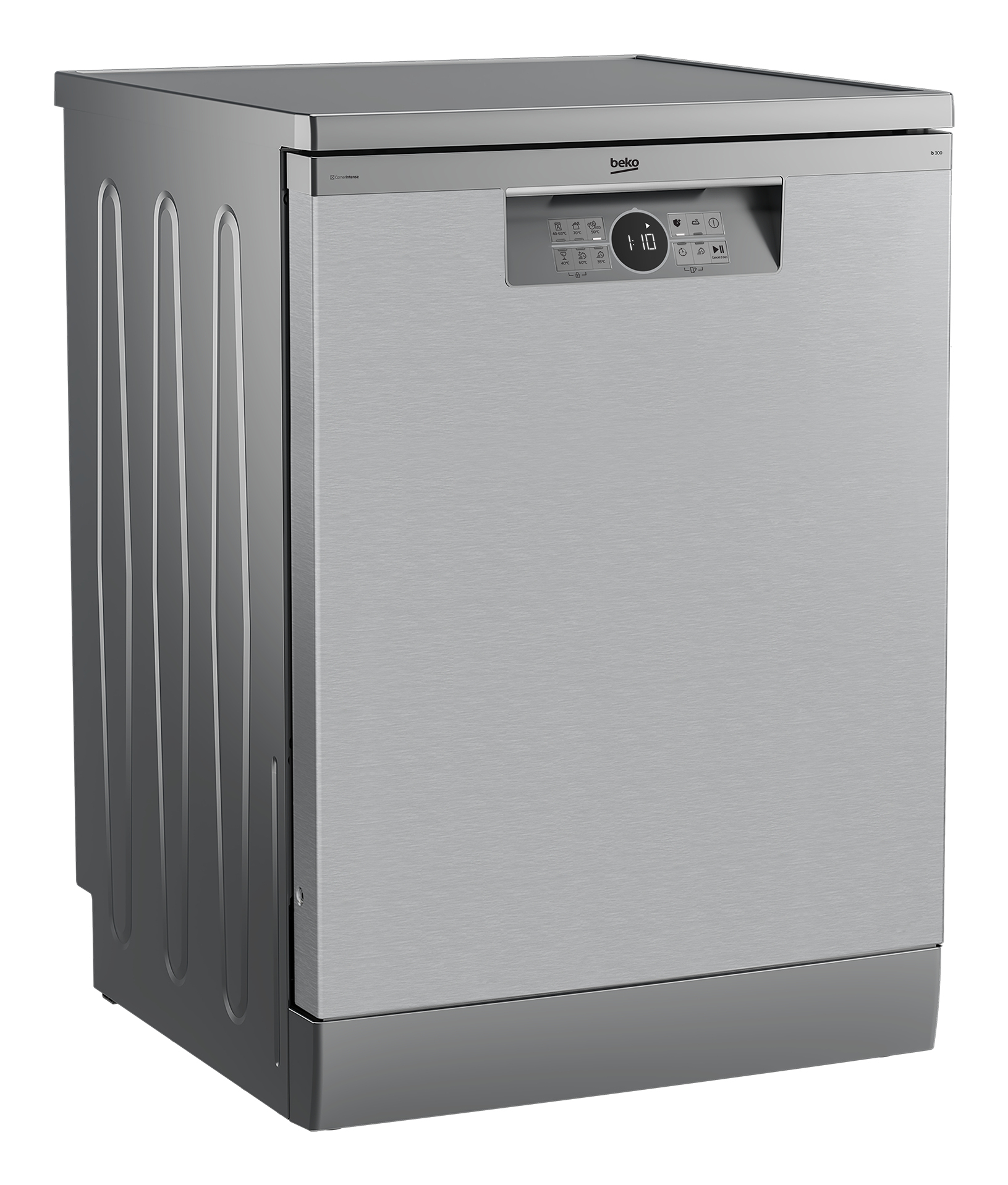 A silver Beko dishwasher with a digital display and control panel on the door.