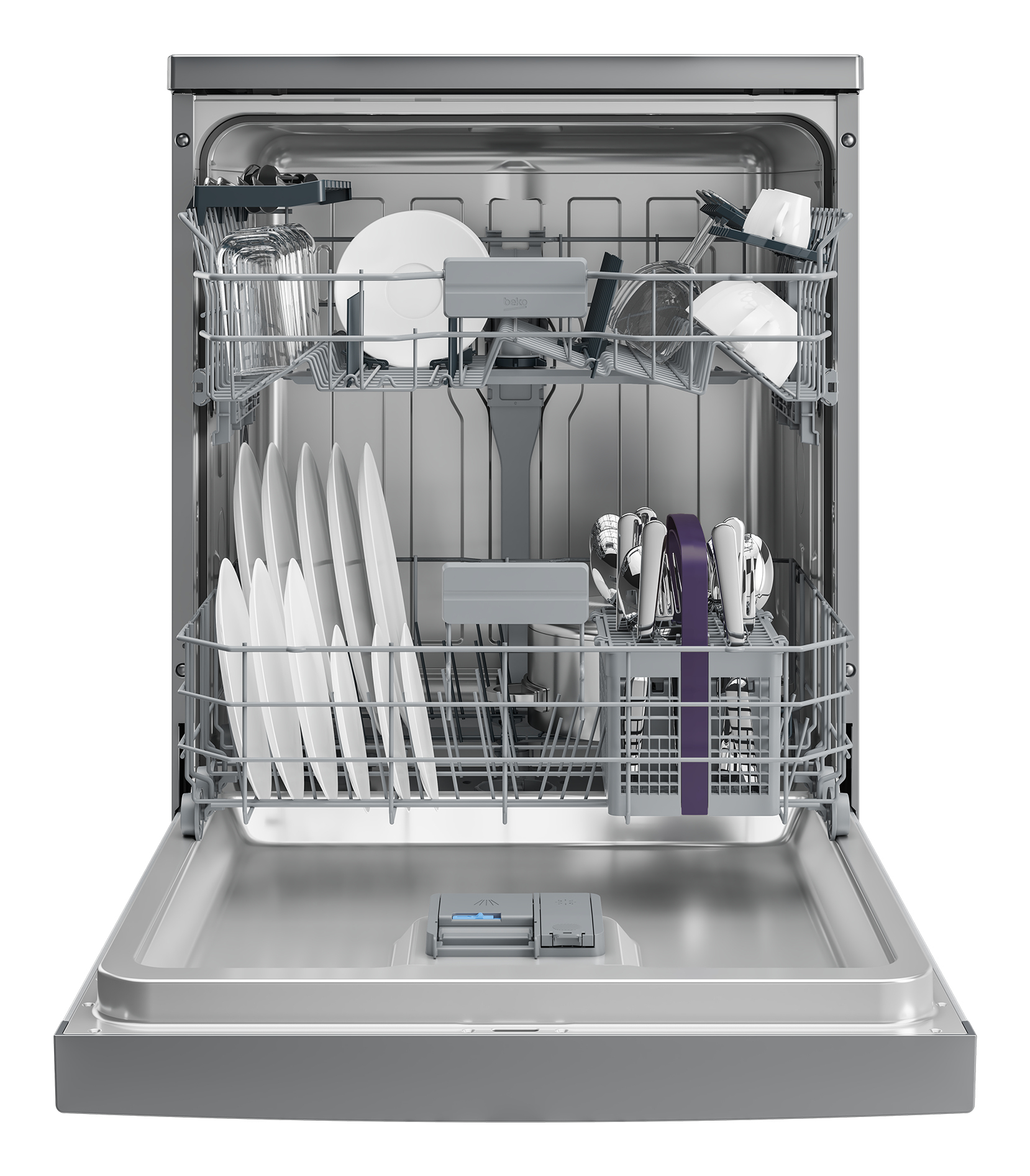 Dishwasher interior with dishes, glasses, and utensils.