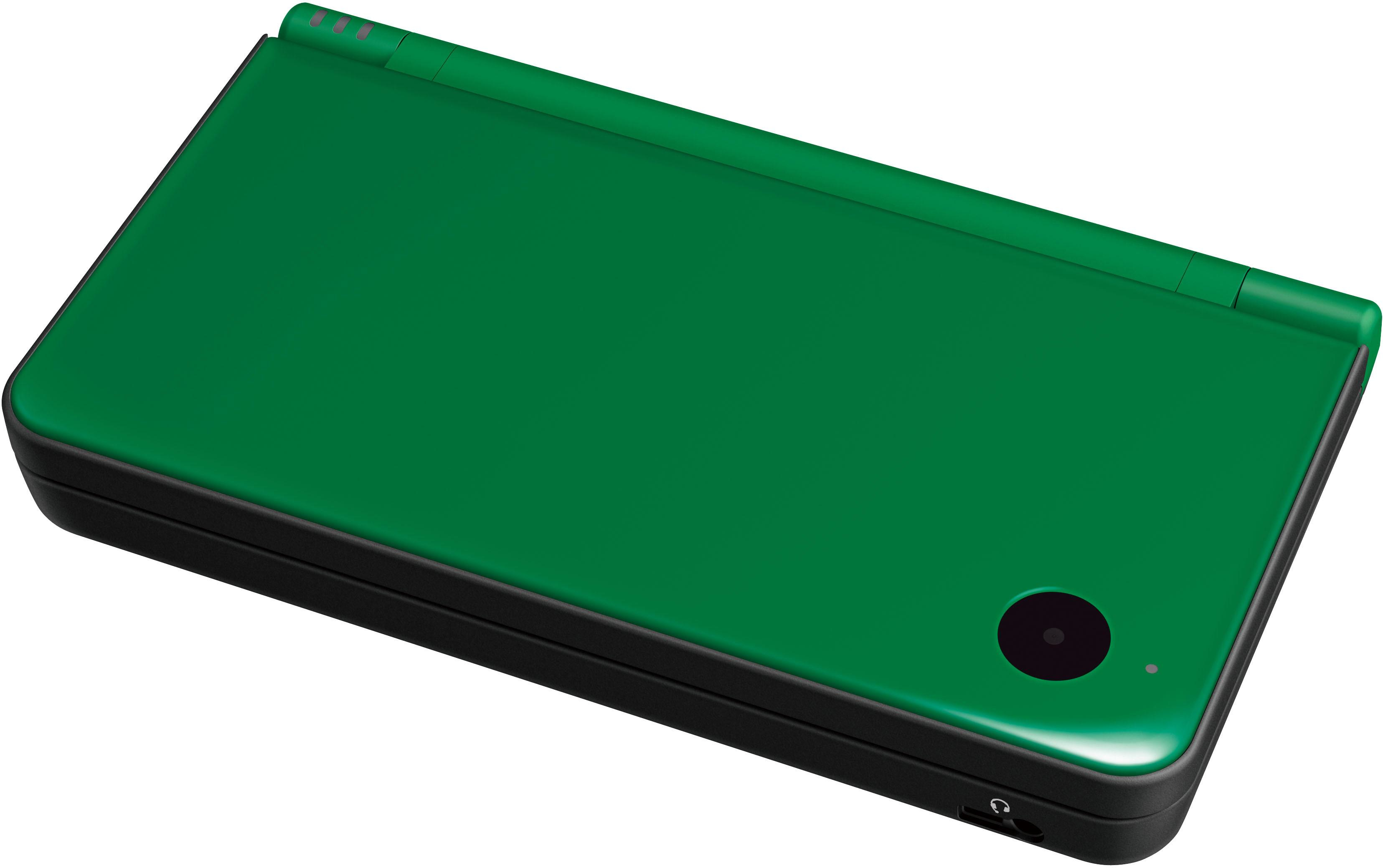Eine grüne Nintendo DS Handheld-Konsole, geschlossen und dem Betrachter zugewandt.