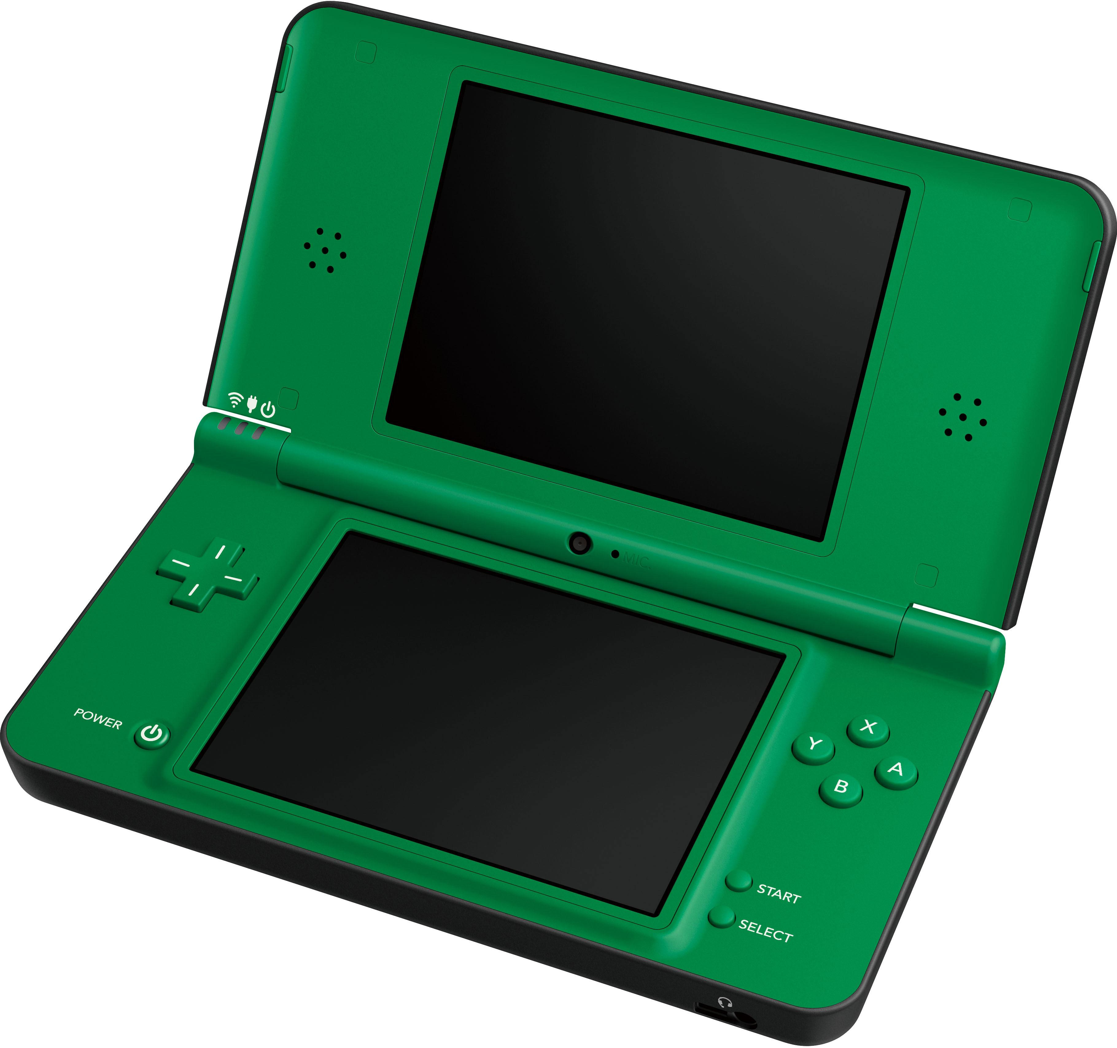 Eine grüne Nintendo DS Handheld-Spielkonsole, geöffnet und zeigt ihre Bildschirme.