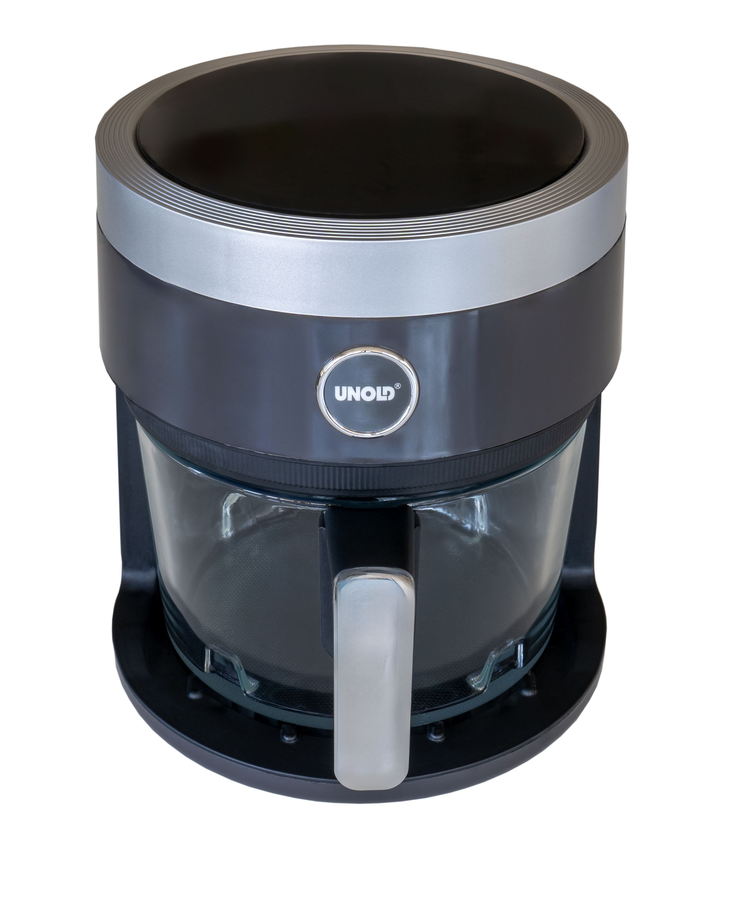 Czarna frytkownica powietrzna ze szklanym pojemnikiem, srebrny uchwyt, czarna podstawa, białe tło.