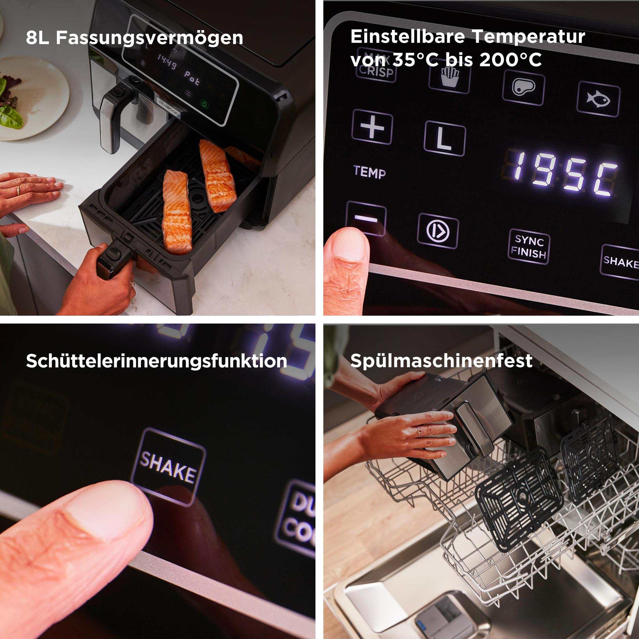 Szczegóły frytkownicy: gotowanie łososia, wyświetlacz temperatury, zbliżenia przycisków, możliwość mycia w zmywarce.