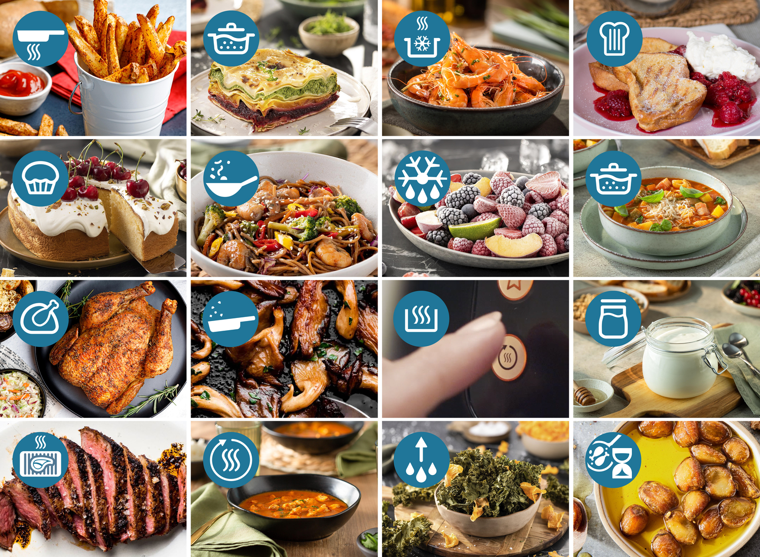 Różne dania gotowane w siatce, w tym frytki, lasagne, krewetki i pieczony kurczak, z ikonami.