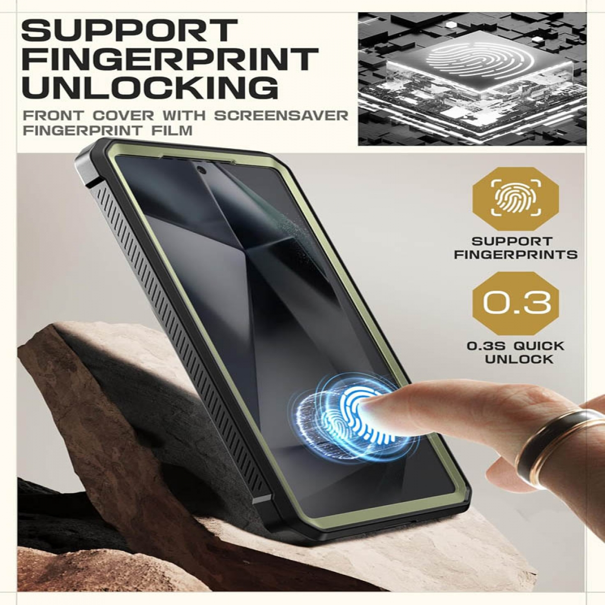 Ein Telefon mit Hülle und Fingerabdruck-Entsperrfunktion. Ein Finger berührt den Bildschirm.