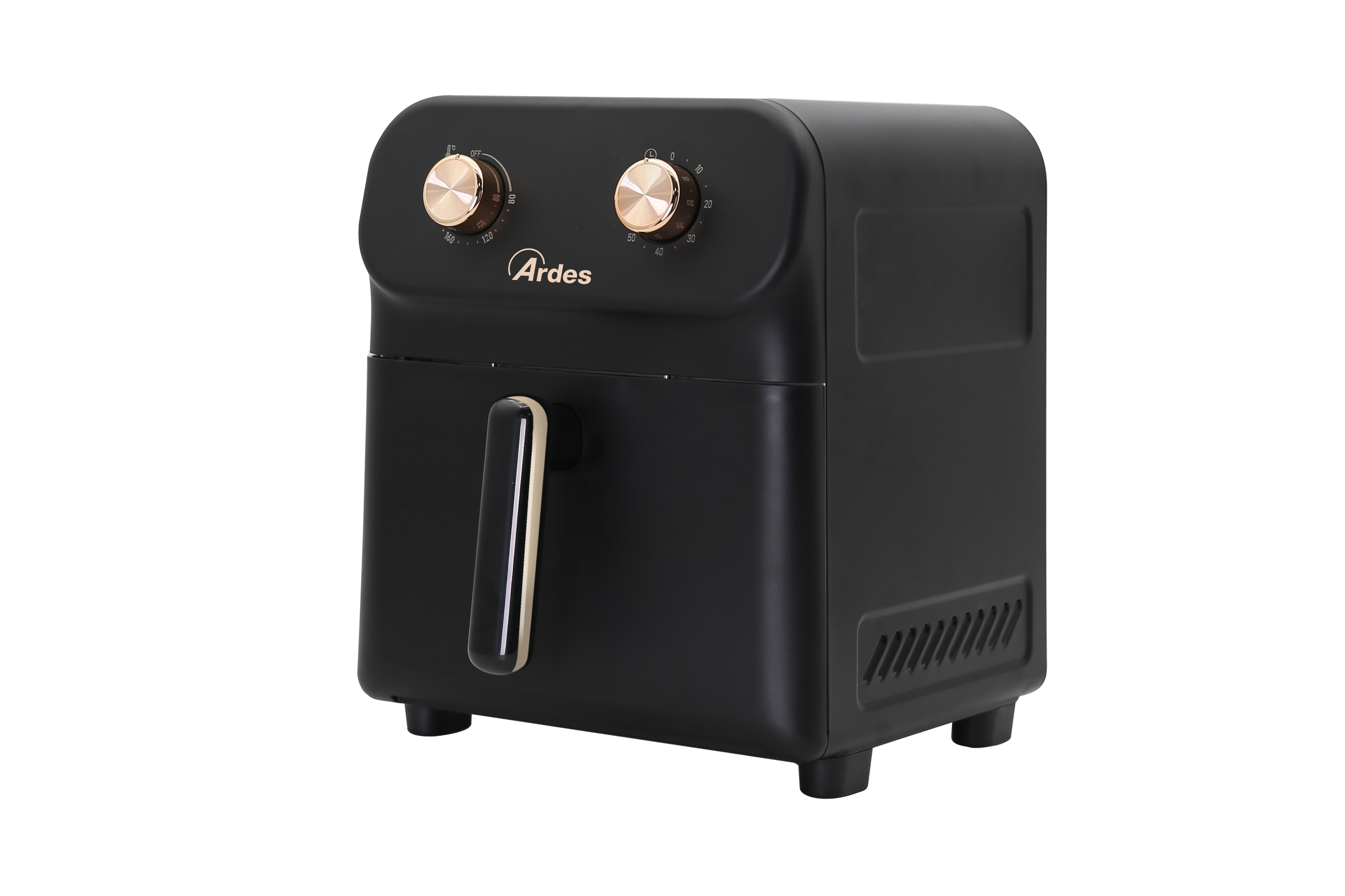 Czarna frytkownica powietrzna ze złotymi akcentami. Dwa pokrętła i uchwyt. Białe tło.