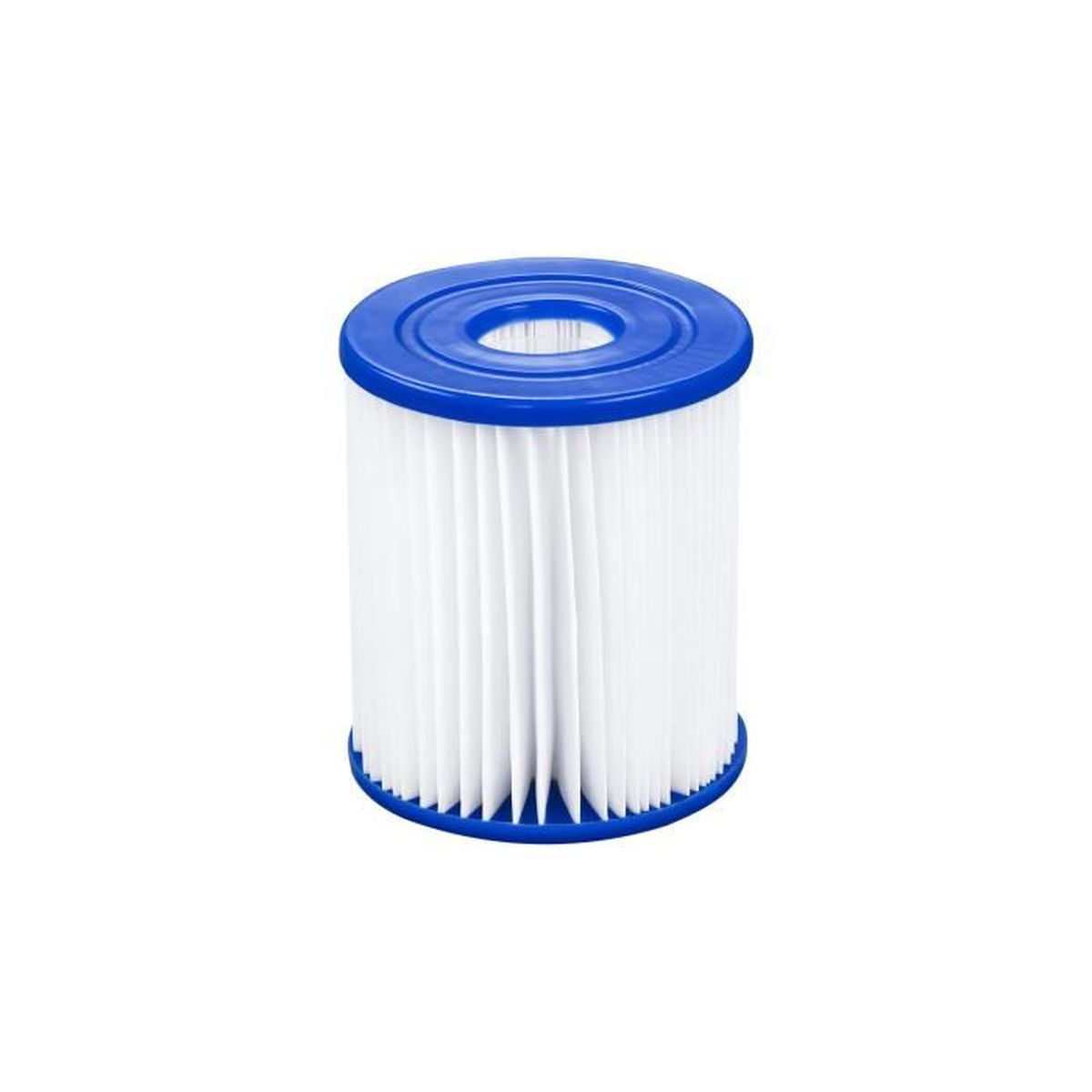 Weißer zylindrischer Poolfilter mit blauem Ober- und Unterteil, vor weißem Hintergrund.