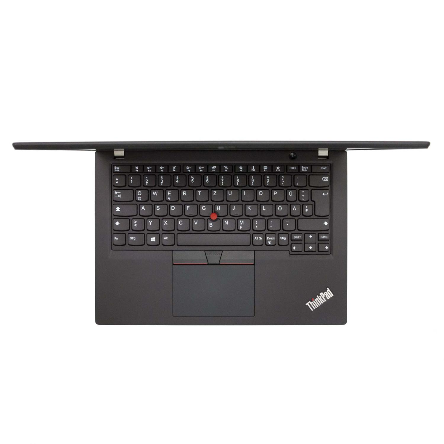 Ein schwarzes ThinkPad-Laptop, von oben geöffnet, mit Tastatur und Trackpad.