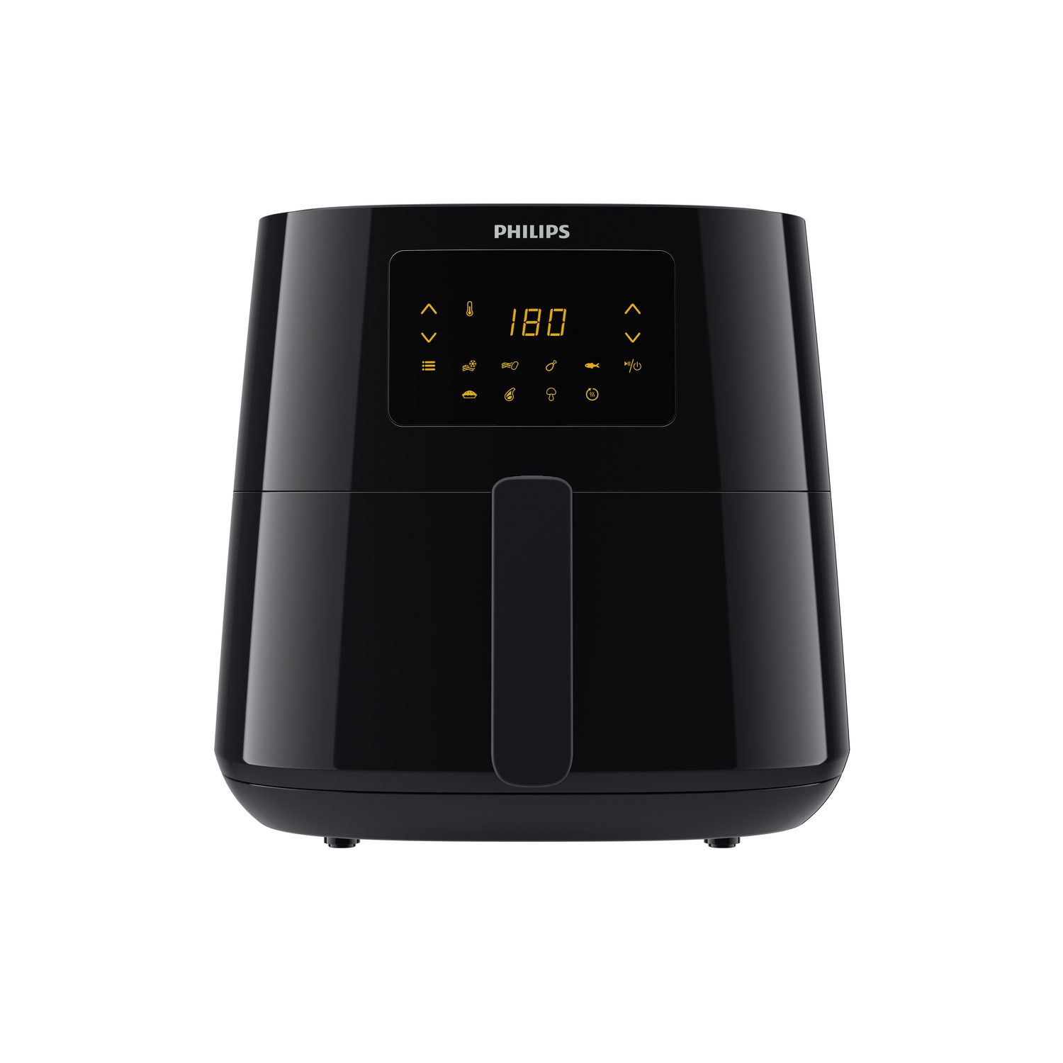 Freidora de aire Philips negra con pantalla digital. Muestra la temperatura. Un asa está debajo de la pantalla.