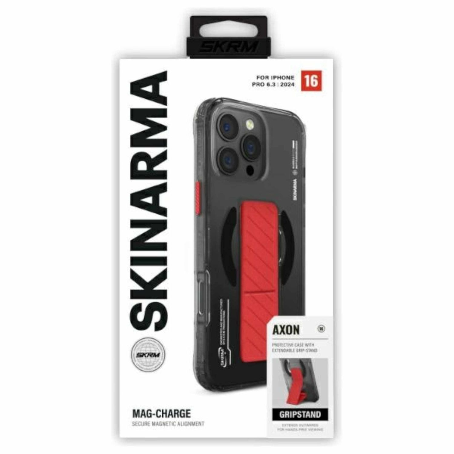 Schwarze und rote Handyhülle mit Griffständer, beschriftet SKRINARMA, für iPhone 16 Pro.