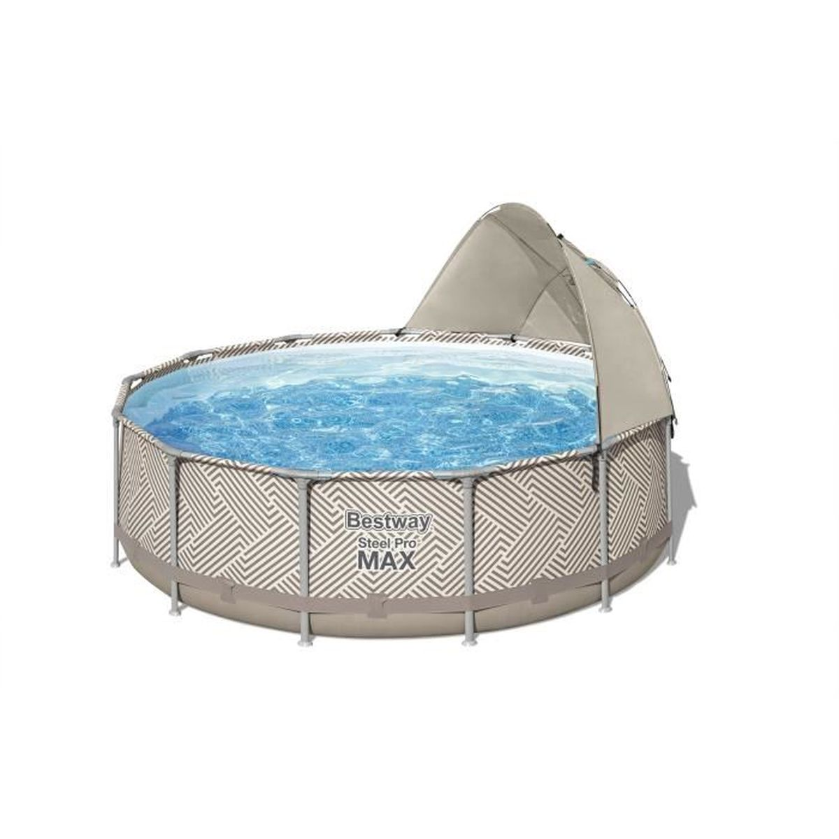 Runder, oberirdischer Pool mit Baldachin. Beige und weiße gemusterte Seiten. Weißer Hintergrund.