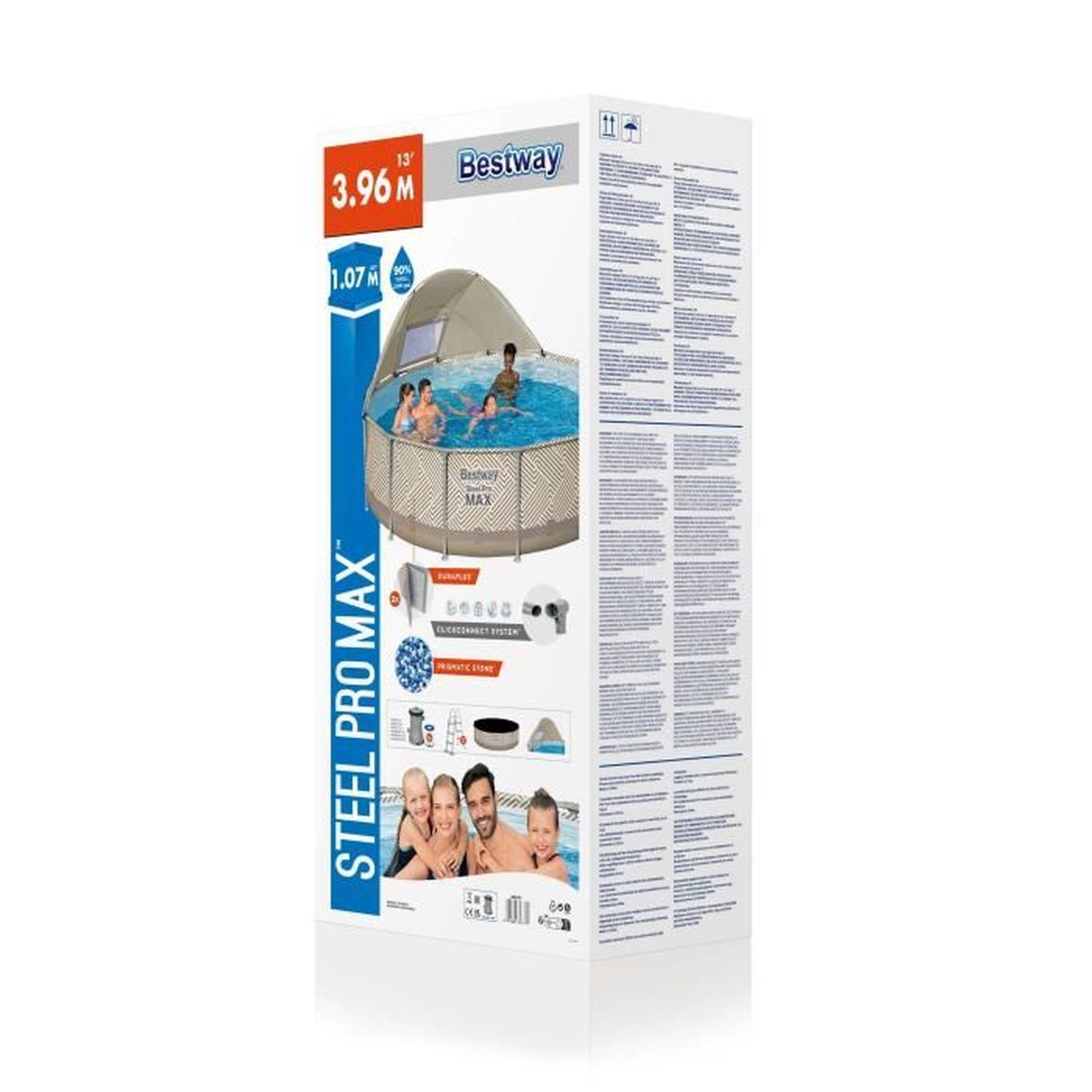 Bestway Poolbox. Pool-Illustration mit Personen. Text: Steel Pro Max, Größe 3,96m x 1,07m.