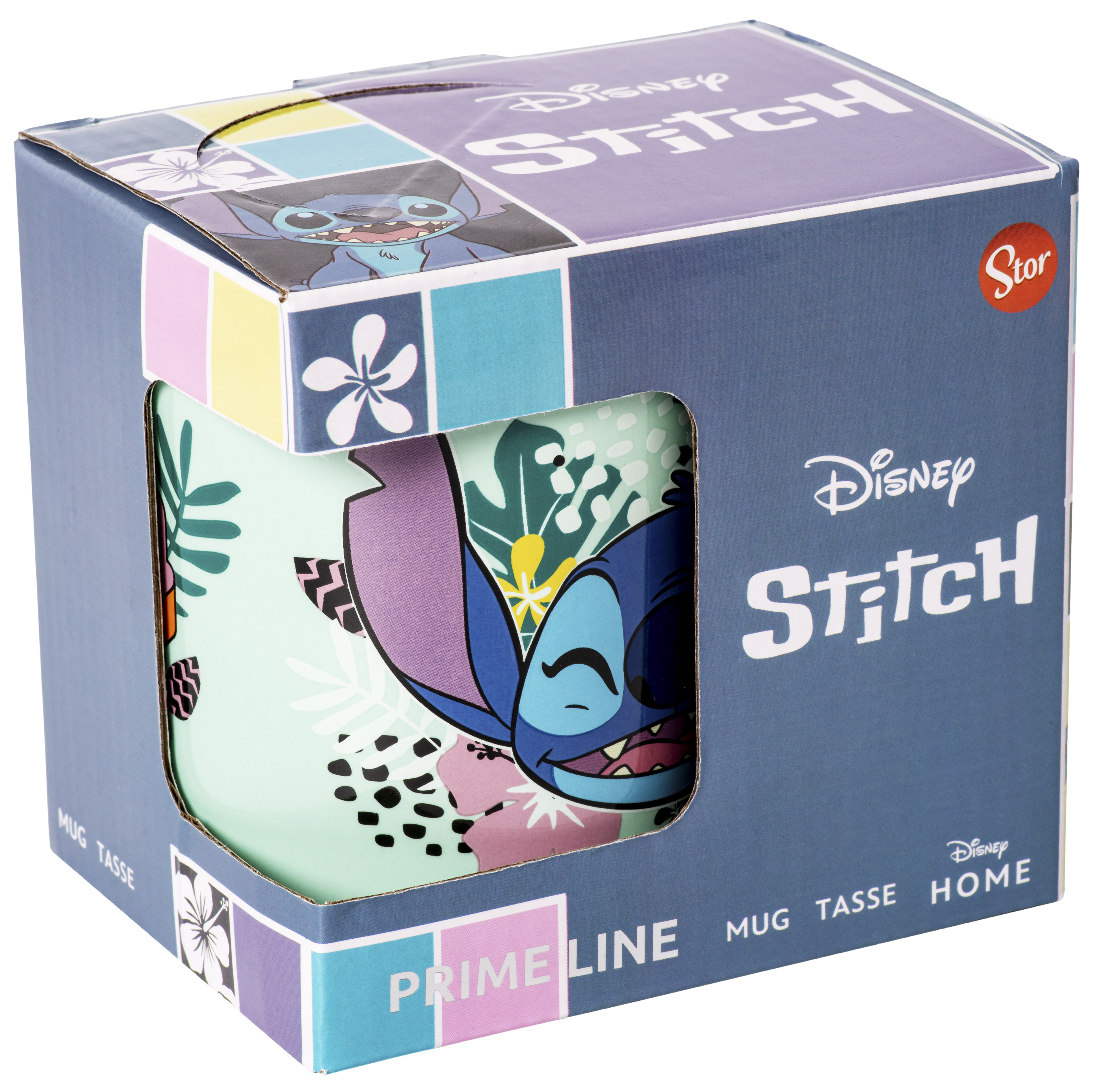 Disney Stitch Tasse in einer Box. Die Tasse ist blau mit Stitch und Blumen. Box auch blau.