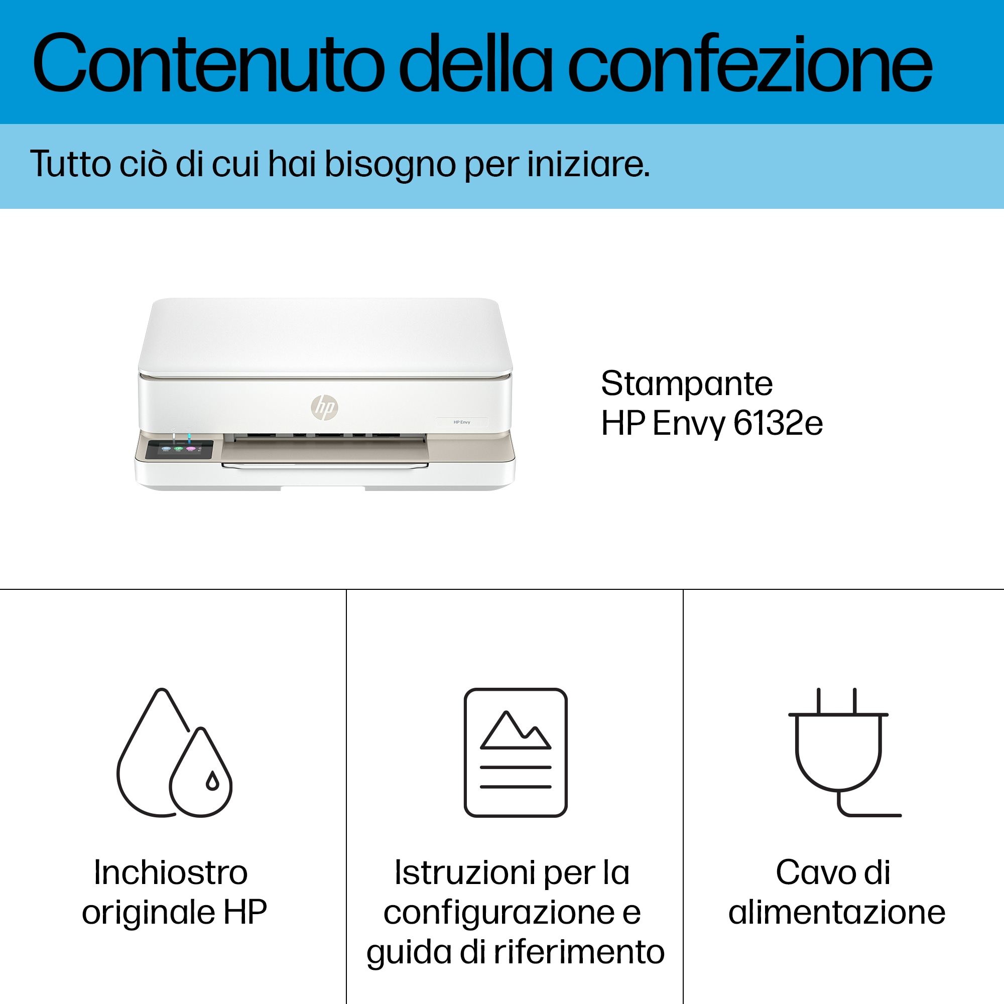 Imprimante et accessoires. Texte : Contenuto della confezione, Inchiostro originale HP, Cavo di alimentazione.