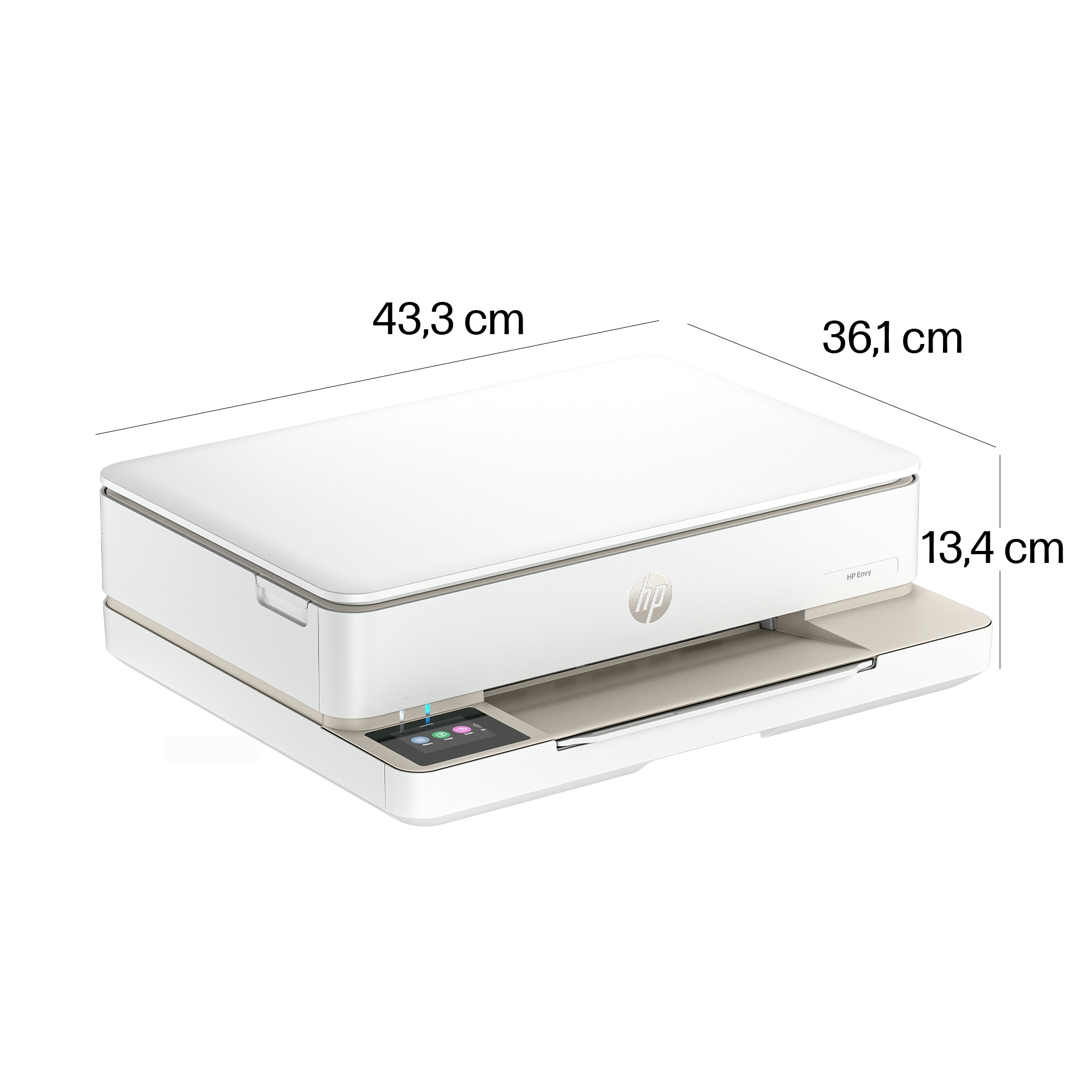 Imprimante blanche avec des dimensions en centimètres. L'imprimante a un écran.