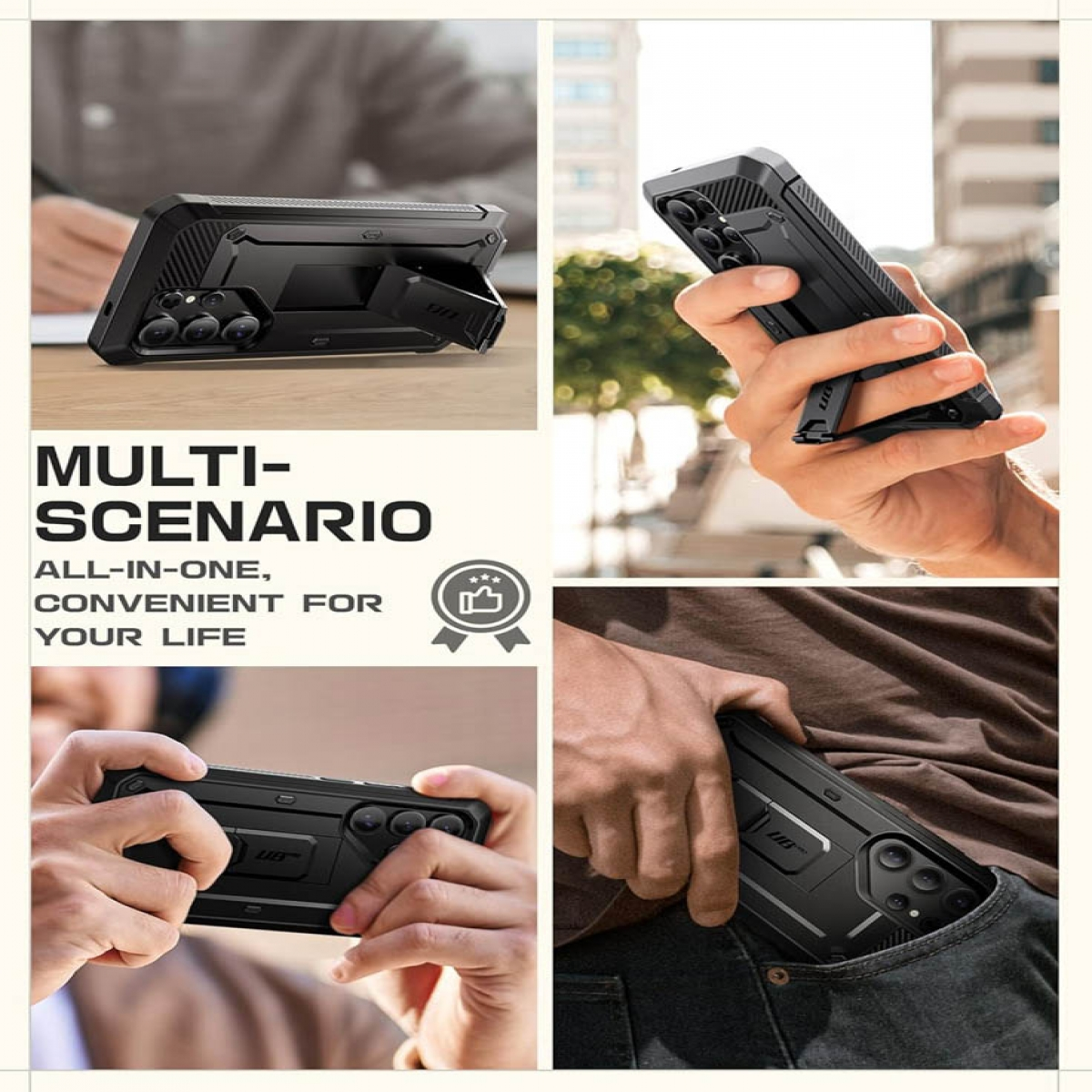 Immagini multi-scenario di una custodia per telefono in uso. Viene mostrata in tasca, su una scrivania e puntellata.