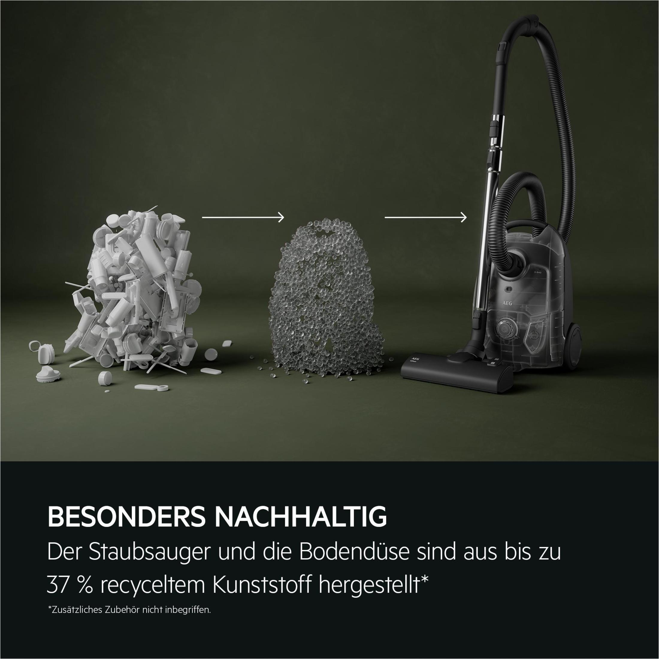 Odkurzacz ze znakiem recyklingu, wykonany z tworzywa sztucznego z recyklingu.