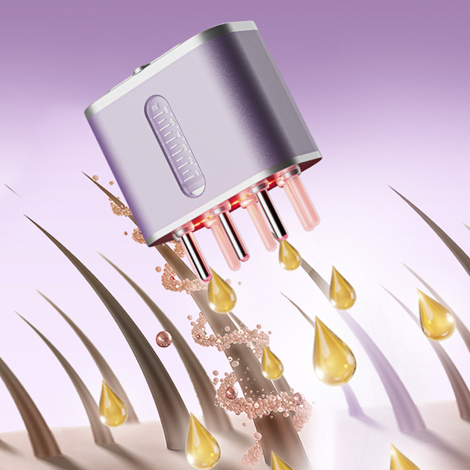 Un dispositivo con gotas de líquido goteando sobre mechones de cabello. Luces rojas son visibles.