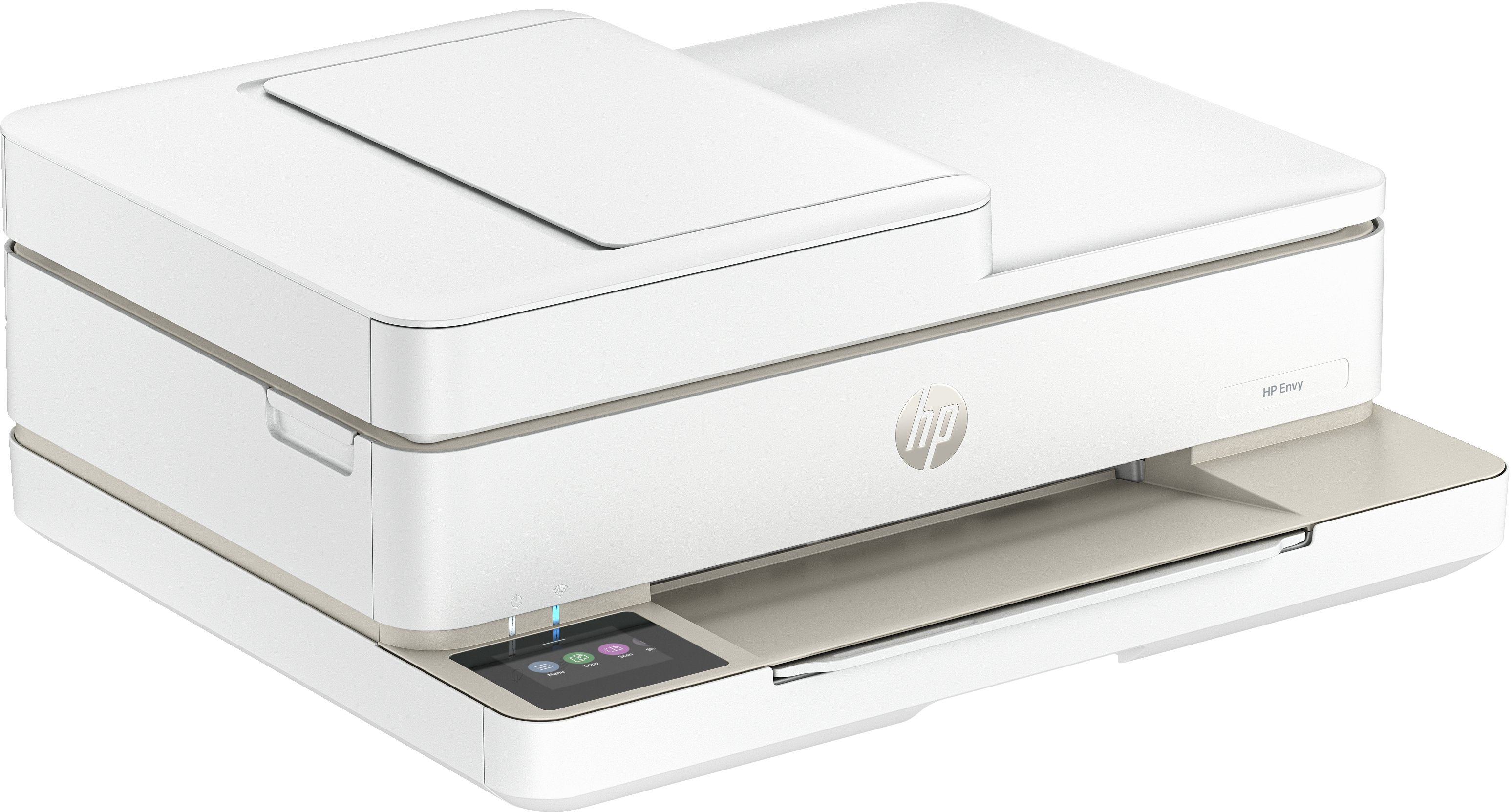 Una stampante HP ENVY bianca con uno scanner piano sulla parte superiore.