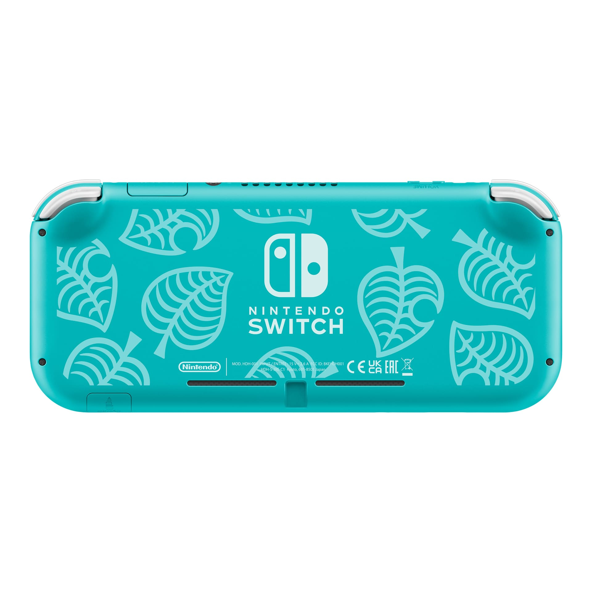 Konsola Nintendo Switch Lite w kolorze turkusowym, widok z tyłu, z motywem liści.