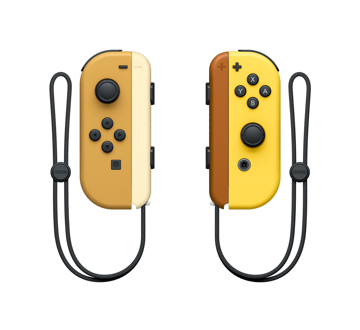 Zwei Nintendo Switch Joy-Cons. Einer tan und einer braun, mit schwarzen Riemen und Knöpfen.