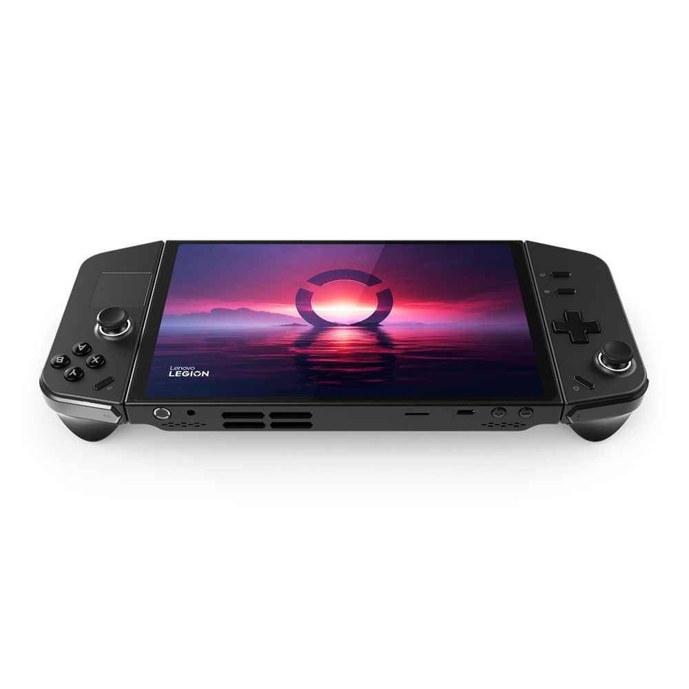 Dispositivo di gioco portatile Lenovo Legion nero su sfondo bianco.