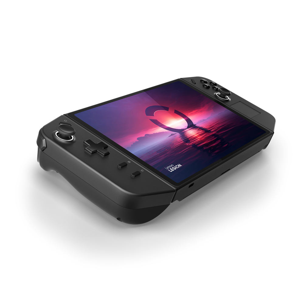 Dispositivo di gioco portatile nero con schermo. Ha pulsanti di controllo e un logo Legion.