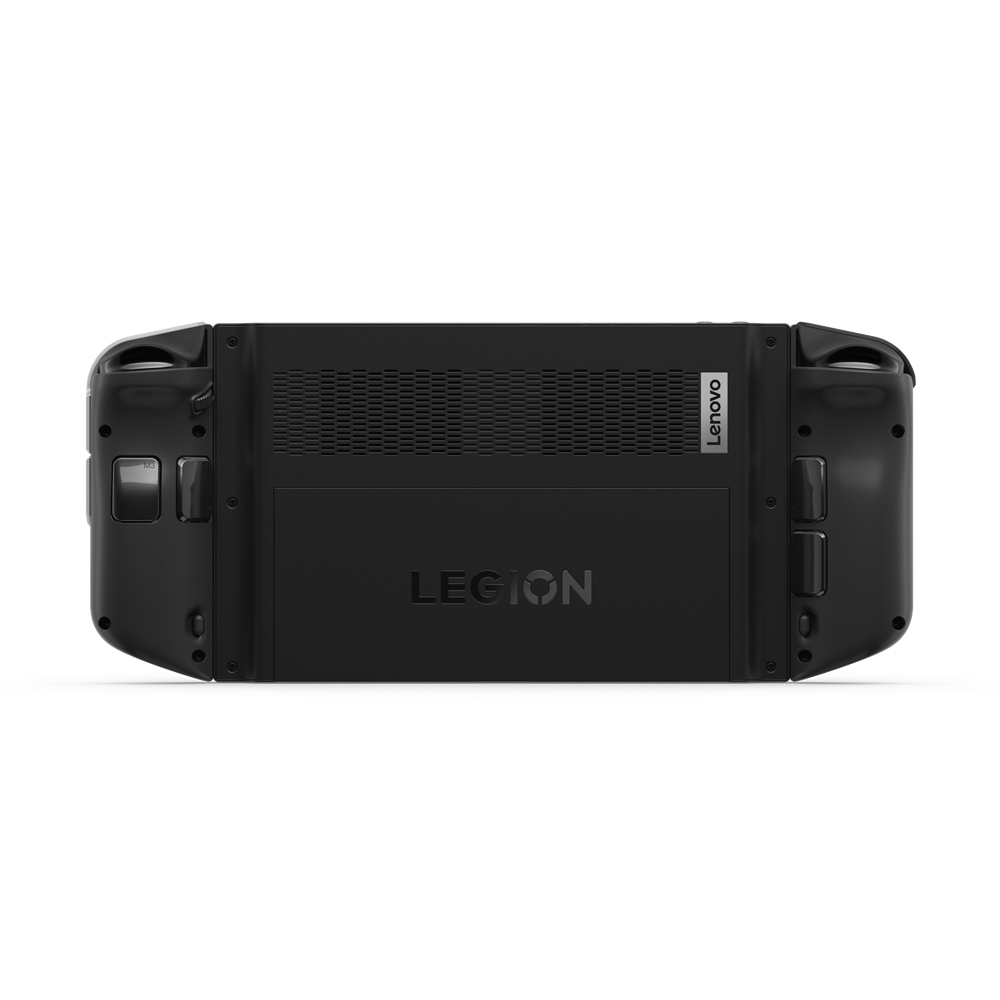 Dispositivo portatile da gioco Lenovo Legion nero, vista posteriore, sfondo bianco.