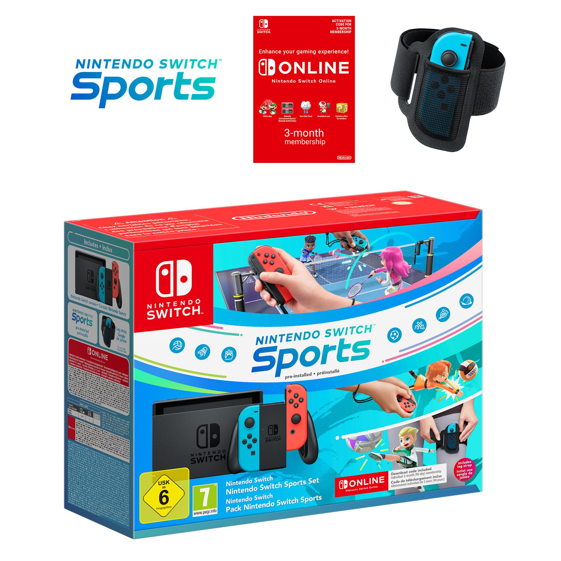Schachtel des Nintendo Switch Sports-Spiels. Enthält Spiele, Mitgliedschaft und Controller-Armband. Rot und blau.