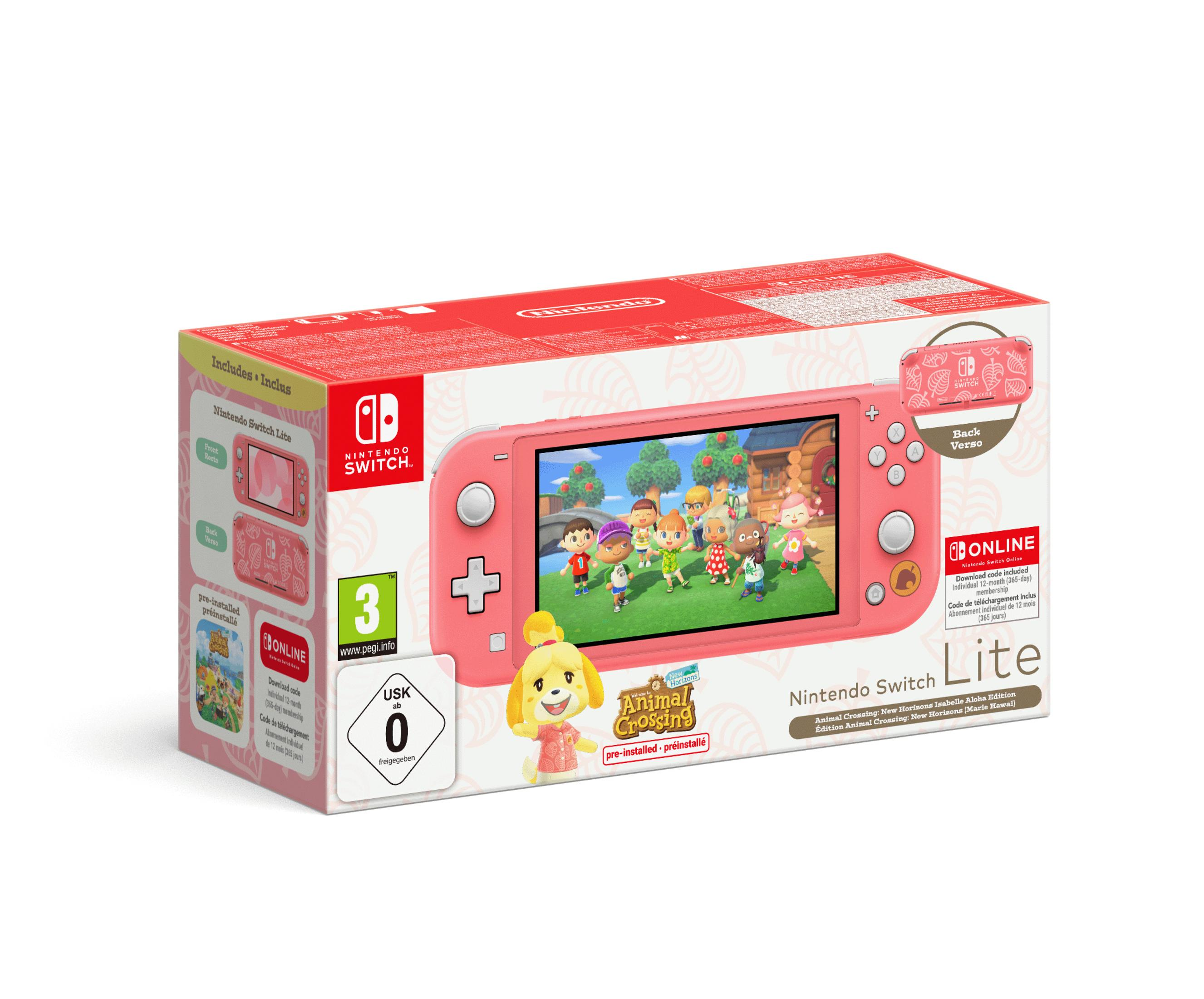 Eine rosa Nintendo Switch Lite Box mit einer Spielszene und dem Text 'Animal Crossing'.