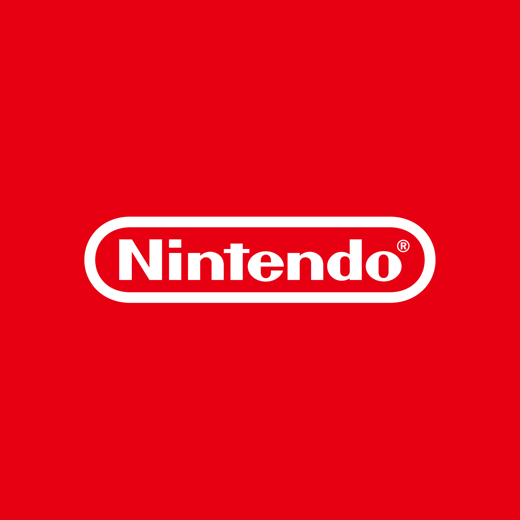 Logo Nintendo na czerwonym tle. Logo jest białe z czerwonym obrysem.
