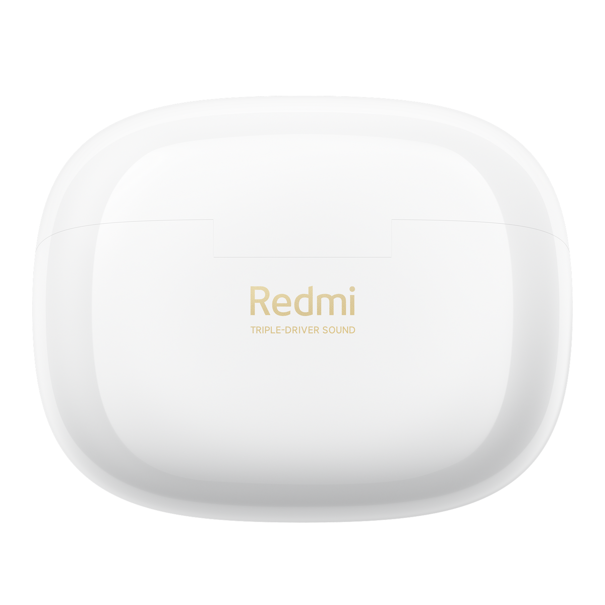 Białe etui ładujące do słuchawek Redmi. Złoty tekst Redmi na górze. Prosty, czysty design.