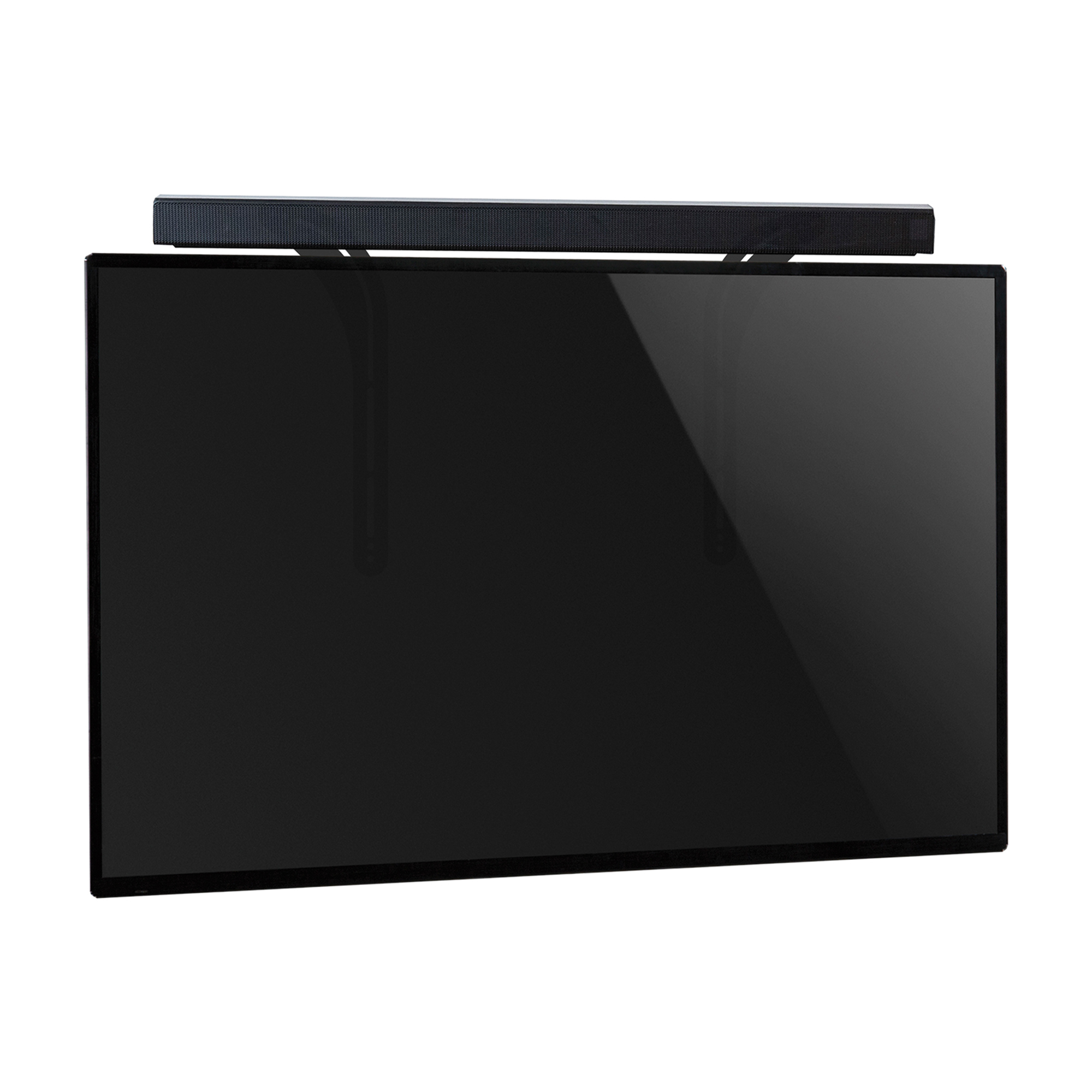 Ein schwarzer Fernseher mit einer schwarzen Soundbar oben. Ein weißer Hintergrund.