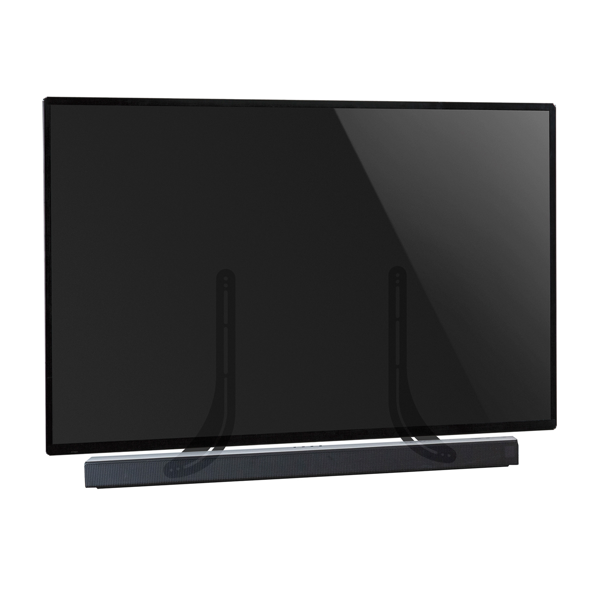 Ein großer schwarzer Fernseher mit Soundbar und zwei vertikalen Ständern.